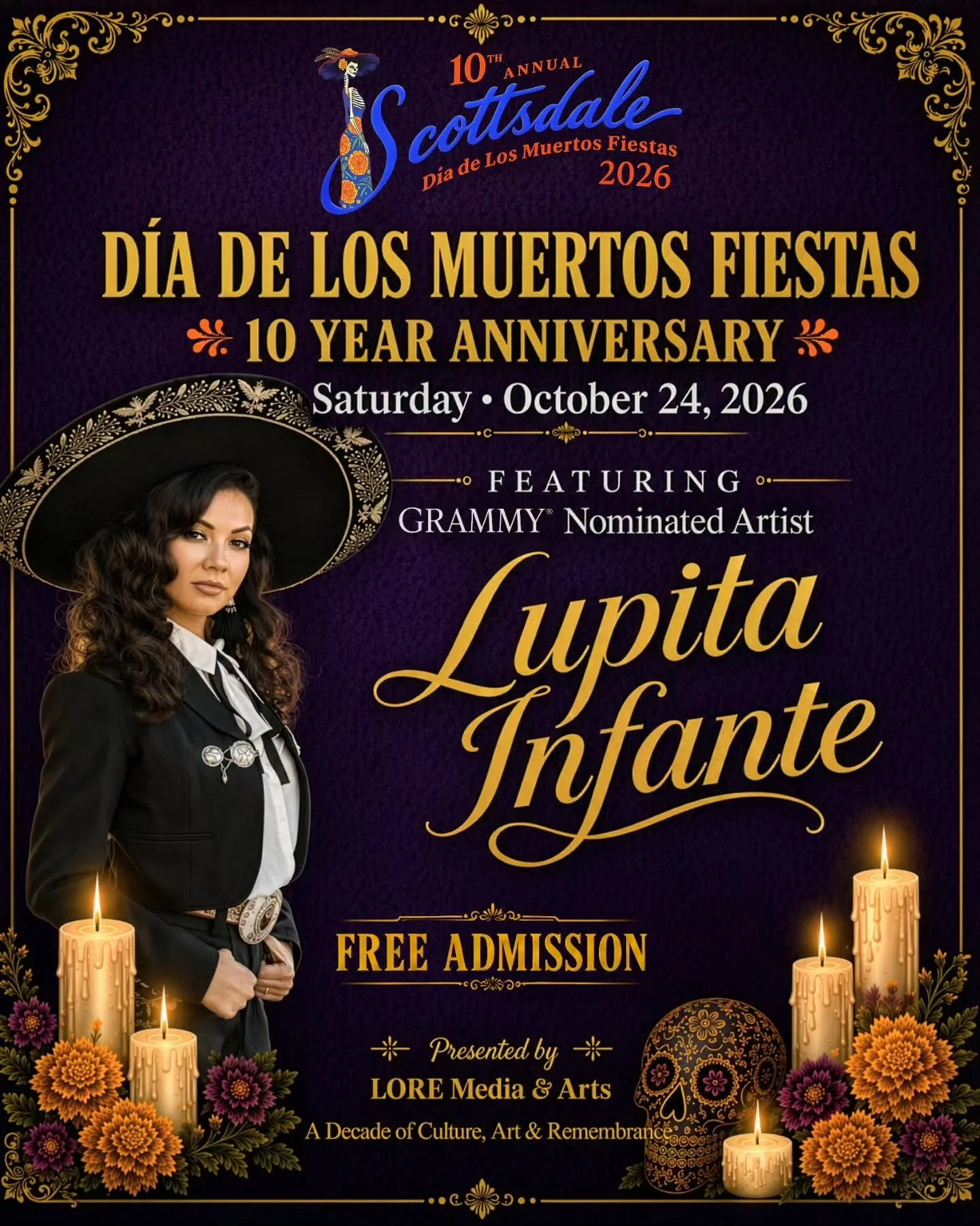 🎉 OFFICIAL ANNOUNCEMENT🎉

The -10th Anniversary of Scottsdale D&iacute;a de Los Muertos Fiestas - proudly welcomes GRAMMY&reg; nominated artist and iconic singer Lupita Infante as our 2026 Headlining Performer.

Join us as Lupita Infante celebrates