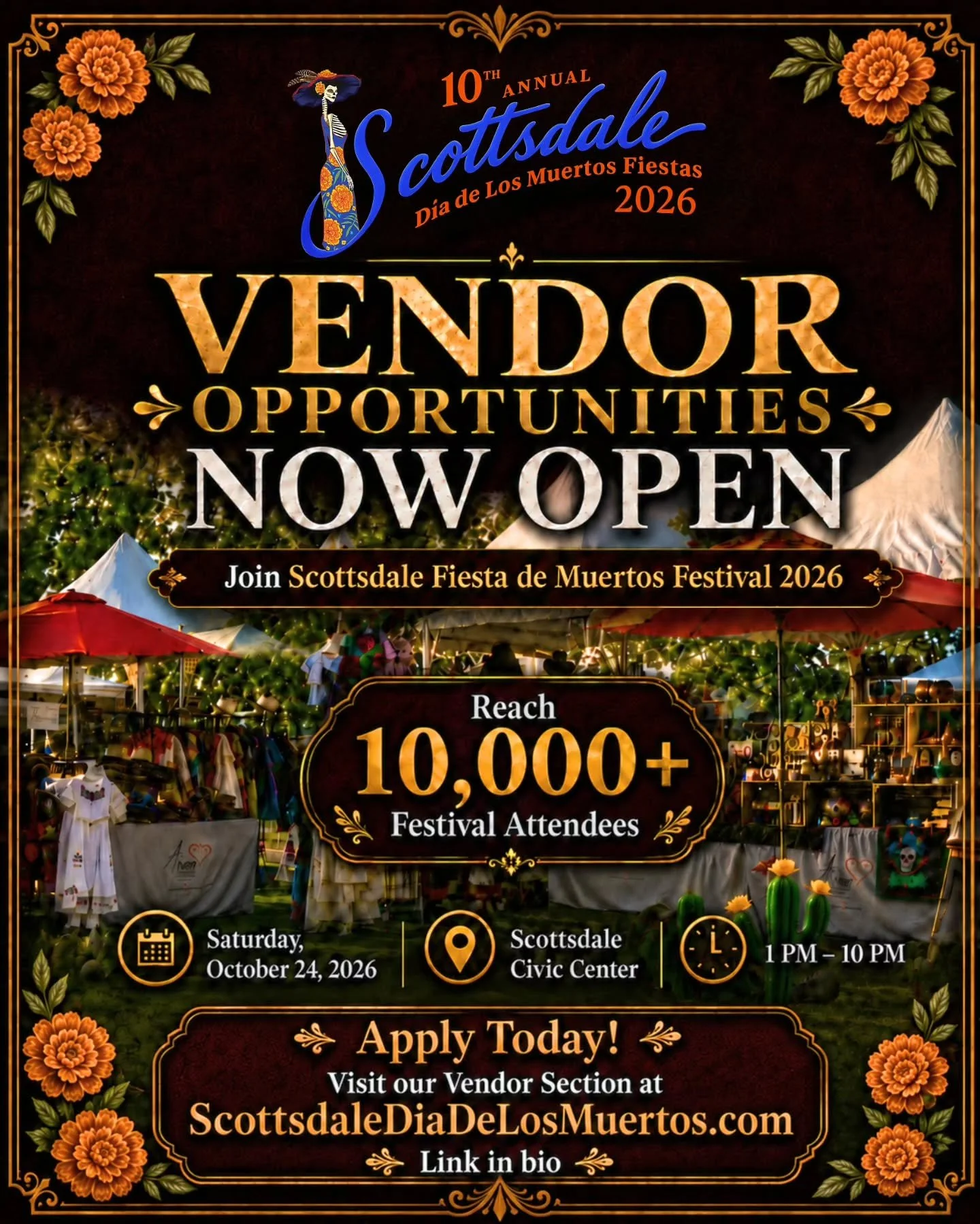 Vendor opportunities are now open for Scottsdale Fiesta de Muertos Festival 2026.

Join us for a vibrant celebration of culture, community, art, tradition, and D&iacute;a de los Muertos at Scottsdale Civic Center.

The event will take place on Saturd