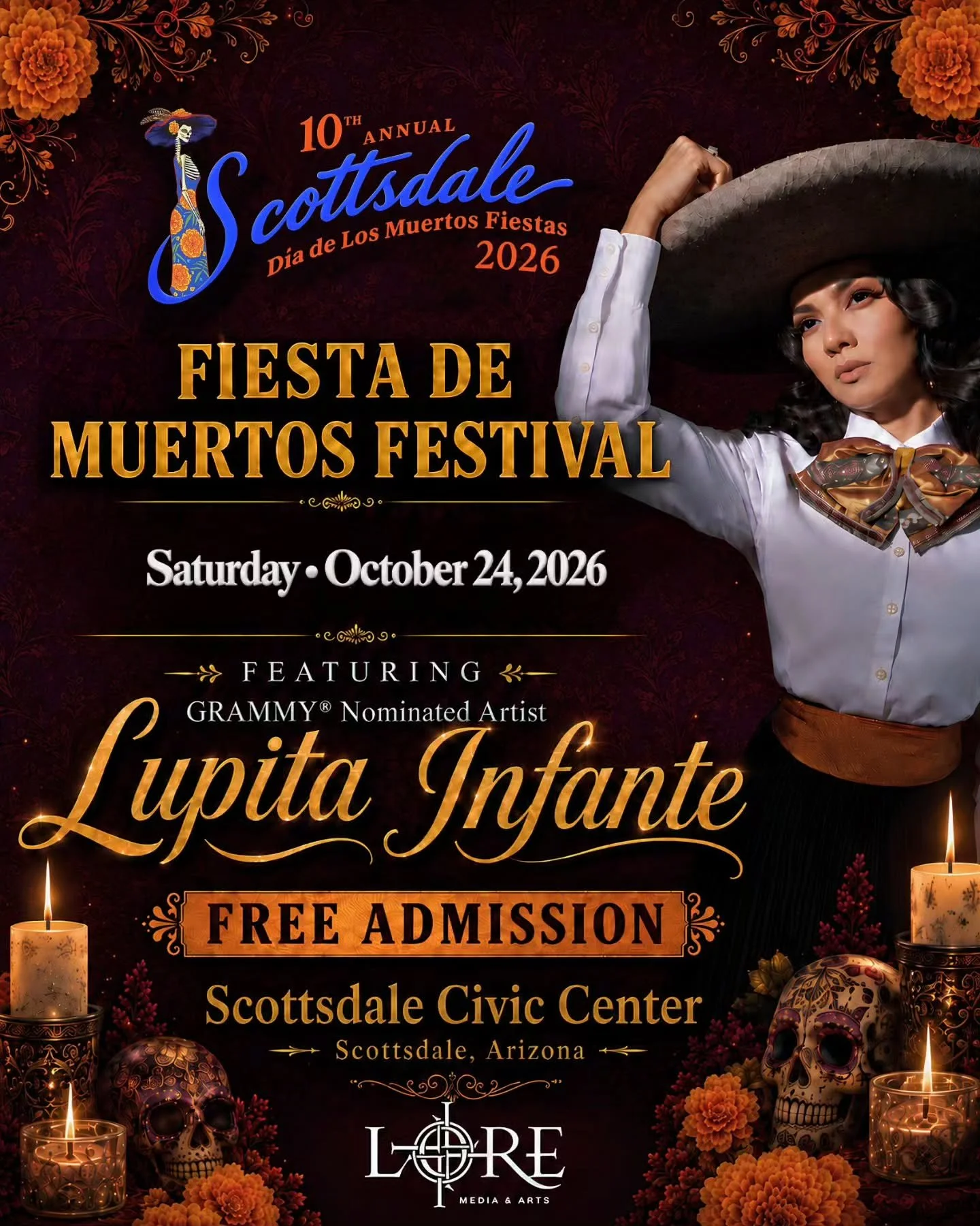 🎉 FIESTA DE MUERTOS FESTIVAL 2026 💀🌼

Join us in Scottsdale as we celebrate 10 years of culture, art, music and remembrance with an unforgettable D&iacute;a de los Muertos experience.

📅 Saturday, October 24, 2026
📍 Scottsdale Civic Center &mdas