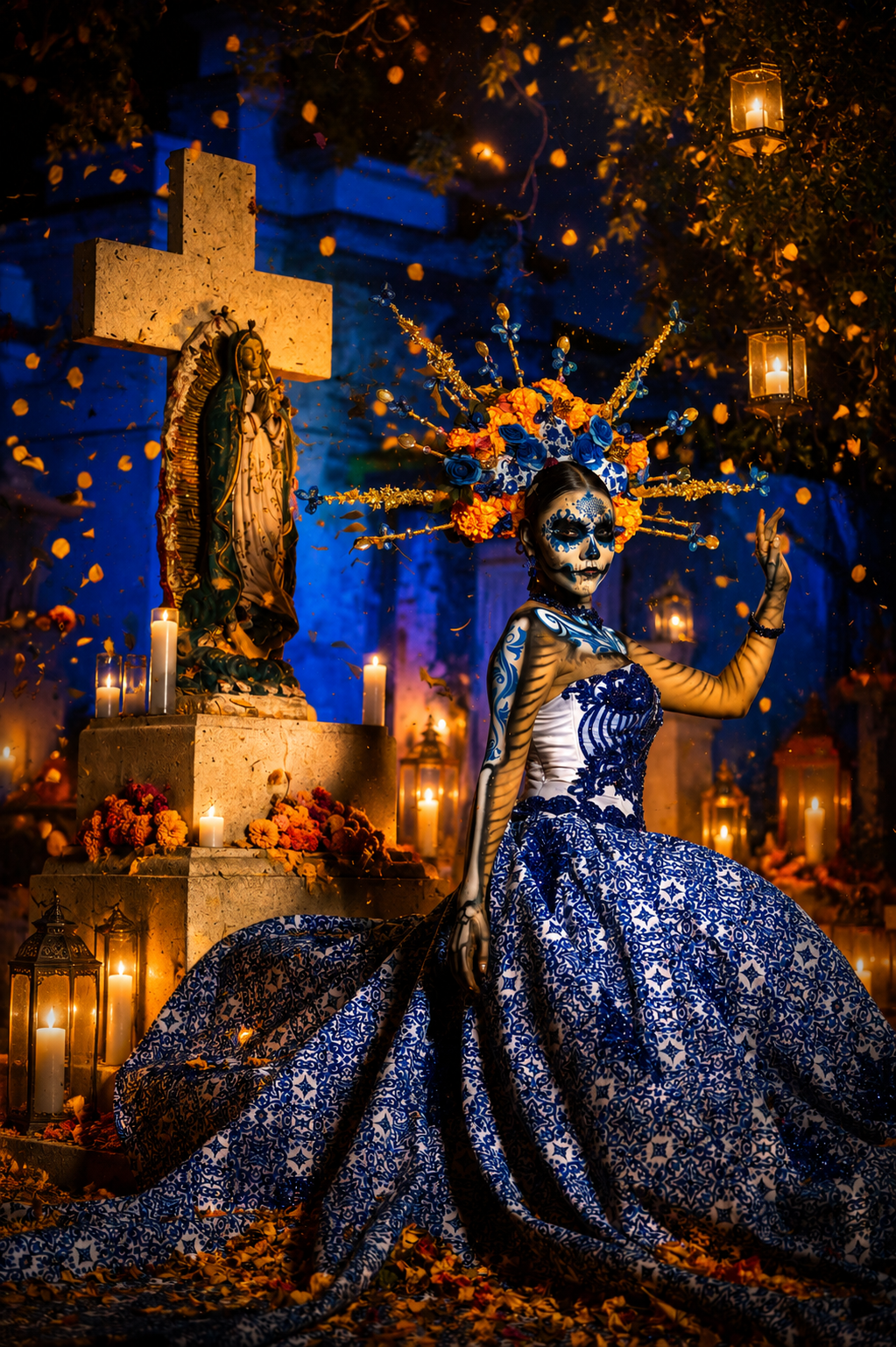 Full-length Catrina in a blue and white gown posing before a candlelit altar