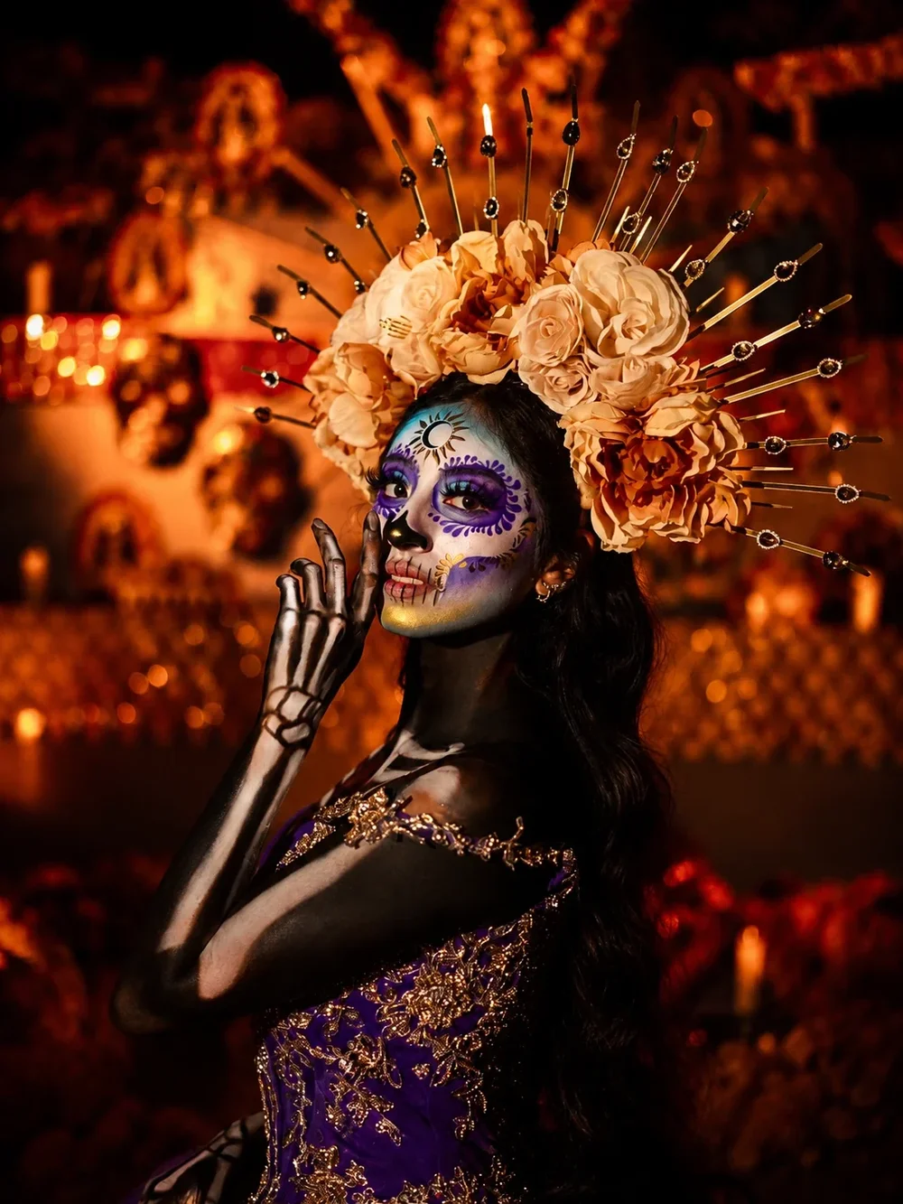 Featured Catrina model in a professionally styled Día de los Muertos look
