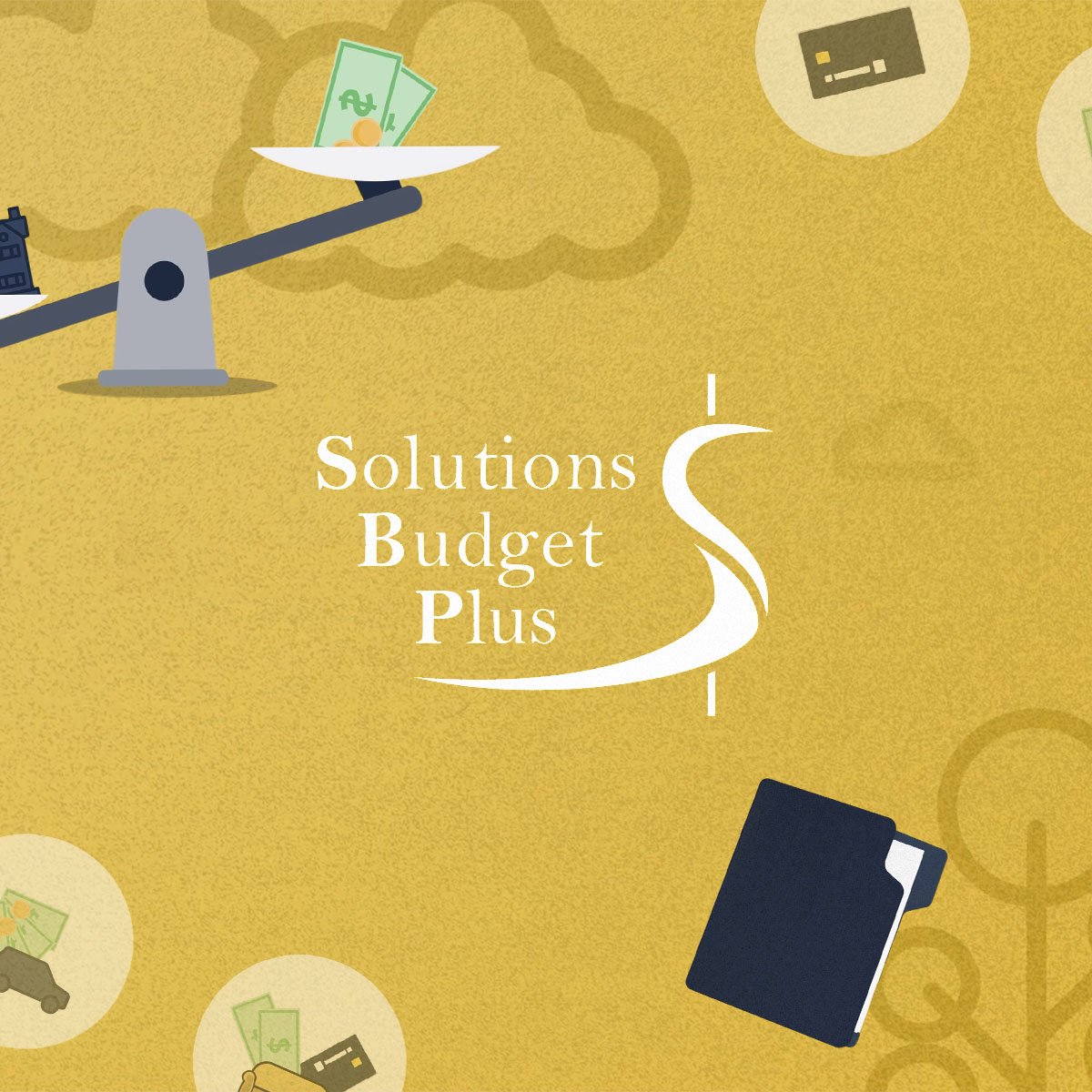 Illustration de solutions pour la gestion du budget, comprenant des éléments comme des billets de banque, une calculatrice, un porte-documents et une balance. Formation et sensibilisation réalisé en animation graphique.