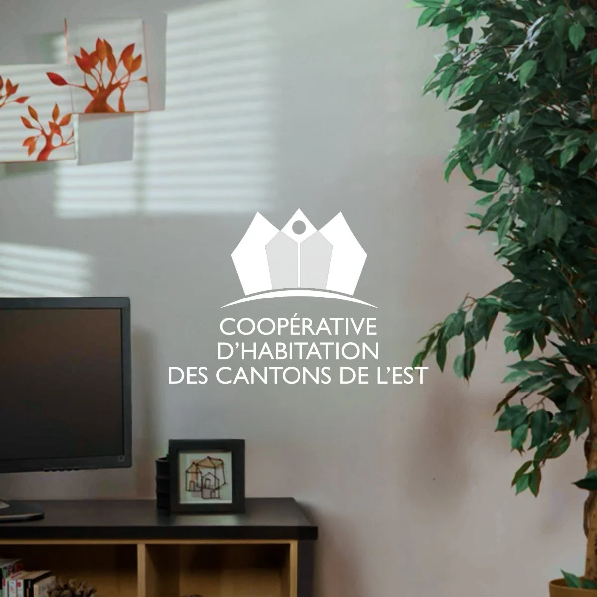 Logo et image de la Coopérative d'habitation des Cantons de l'Est. On voit un bureau et une plante, prise de vue de la vidéo créée pour le projet.
