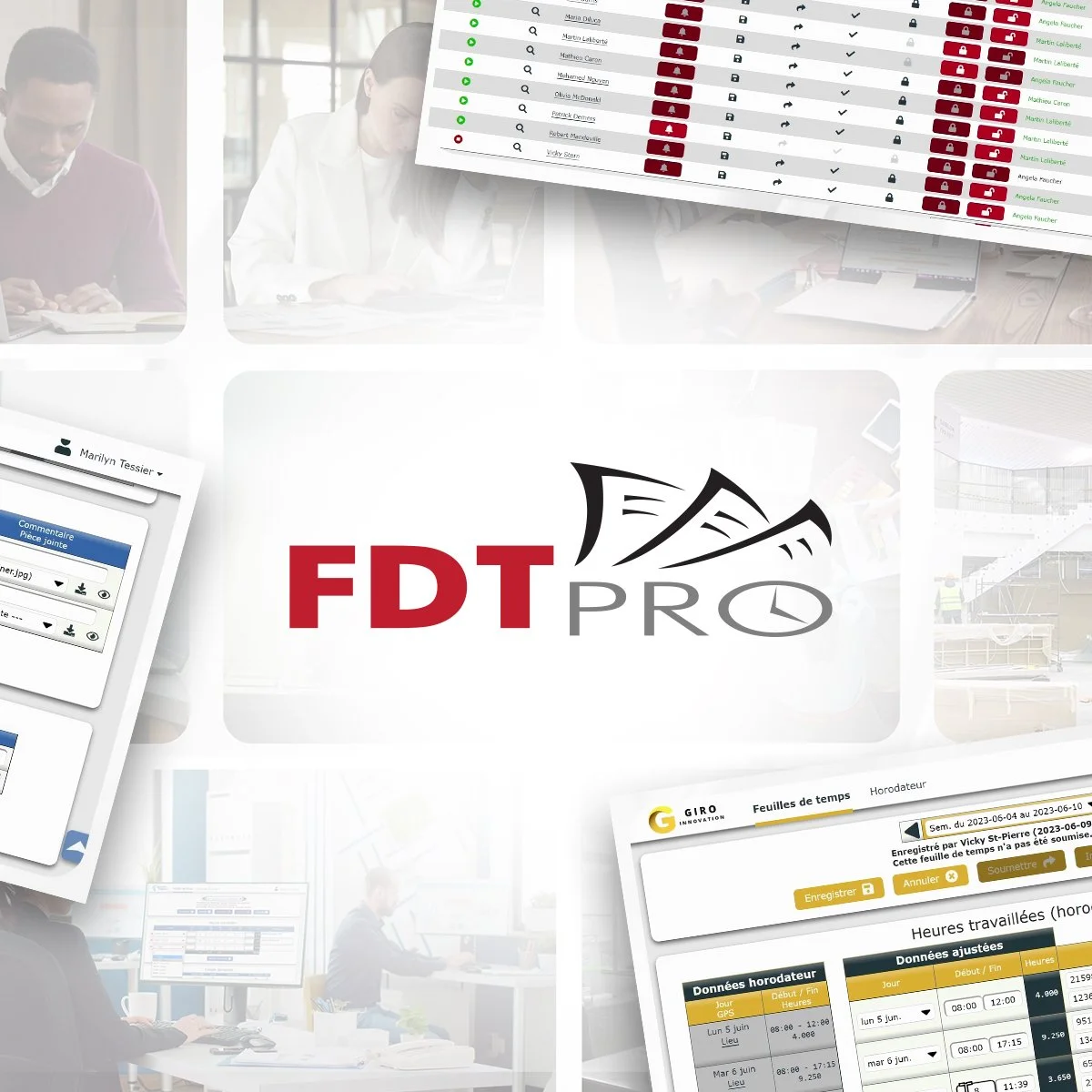 Capture d'écran du logiciel FDT Pro, affichant des listes, des calendriers et des interfaces de gestion de temps dans un environnement de bureau moderne. L'animation préseantée a été réalisée en salle de montage vidéo.