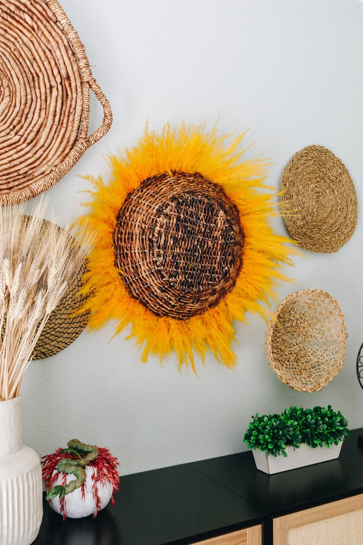 Surreal Sunflower Wall Hanging: Out of a Basket and Pampas Grass