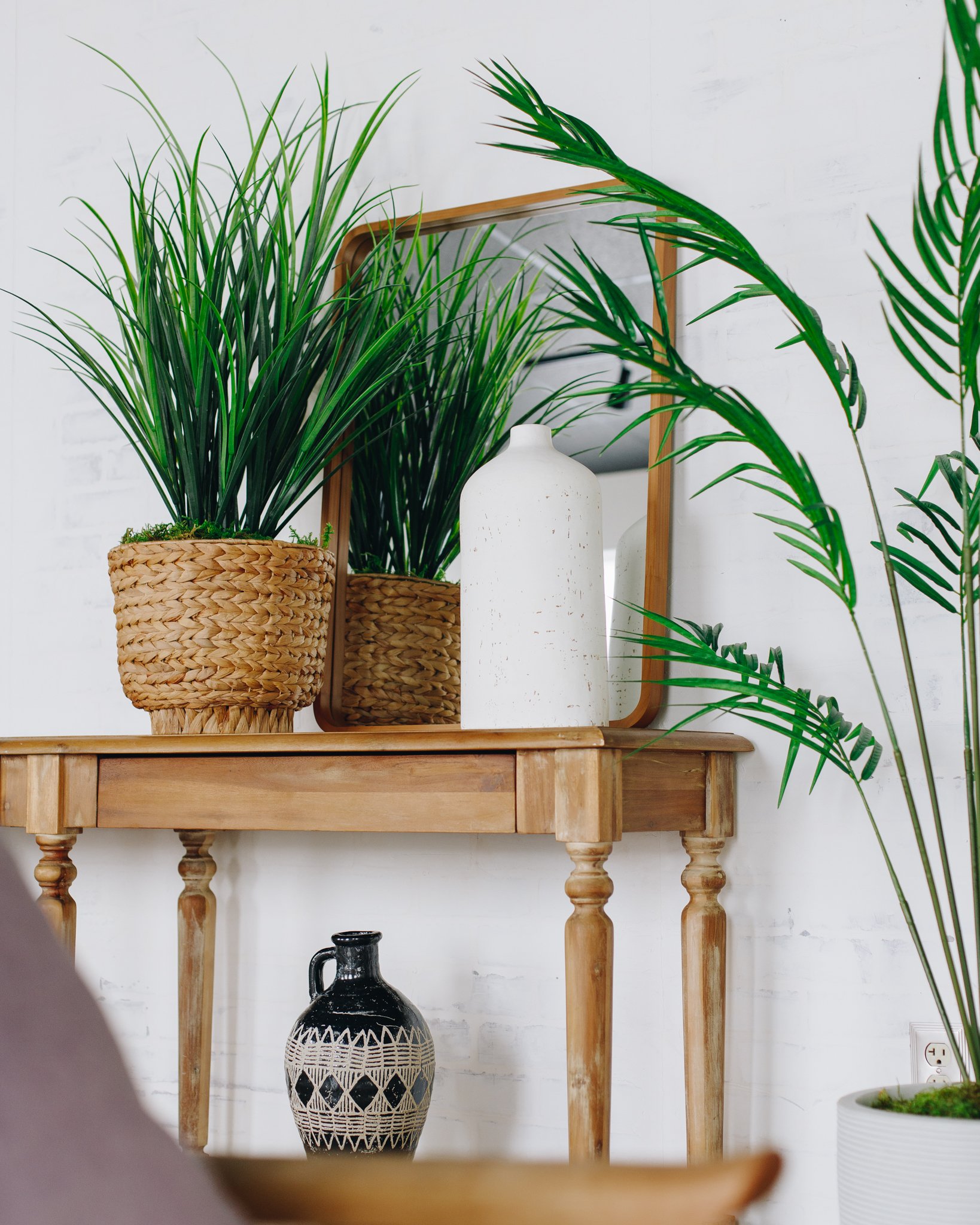 Entryway Side Table Decor with Faux Plants and Vases