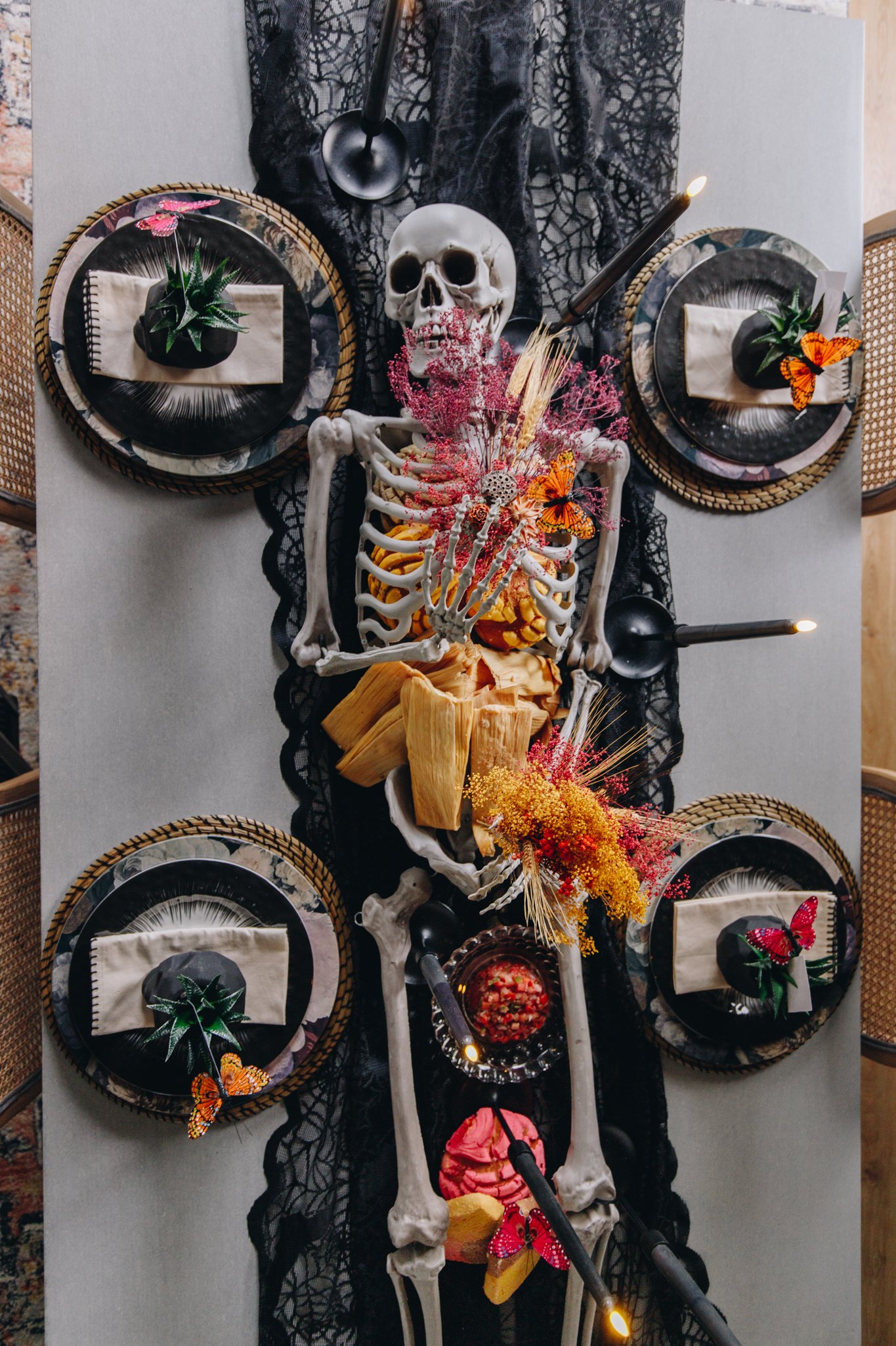 skeleton, sweet bread, dia de los muertos, tamales, dinner party, skull, calaveras, family, mexican holiday, day of the dead, tablescape, butterflies, celebration, holiday