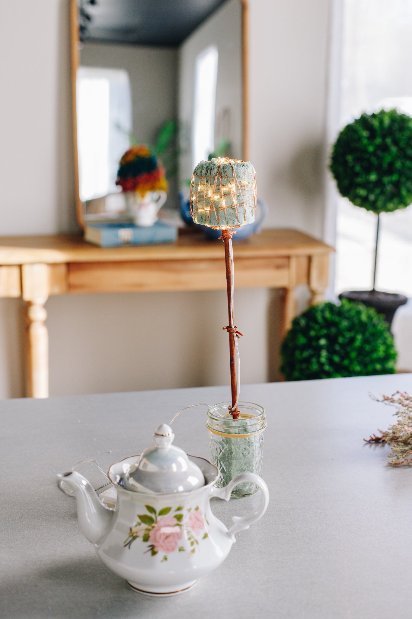 Make a Delightful Lighted Cloud Topiary out of Thrifted Finds for