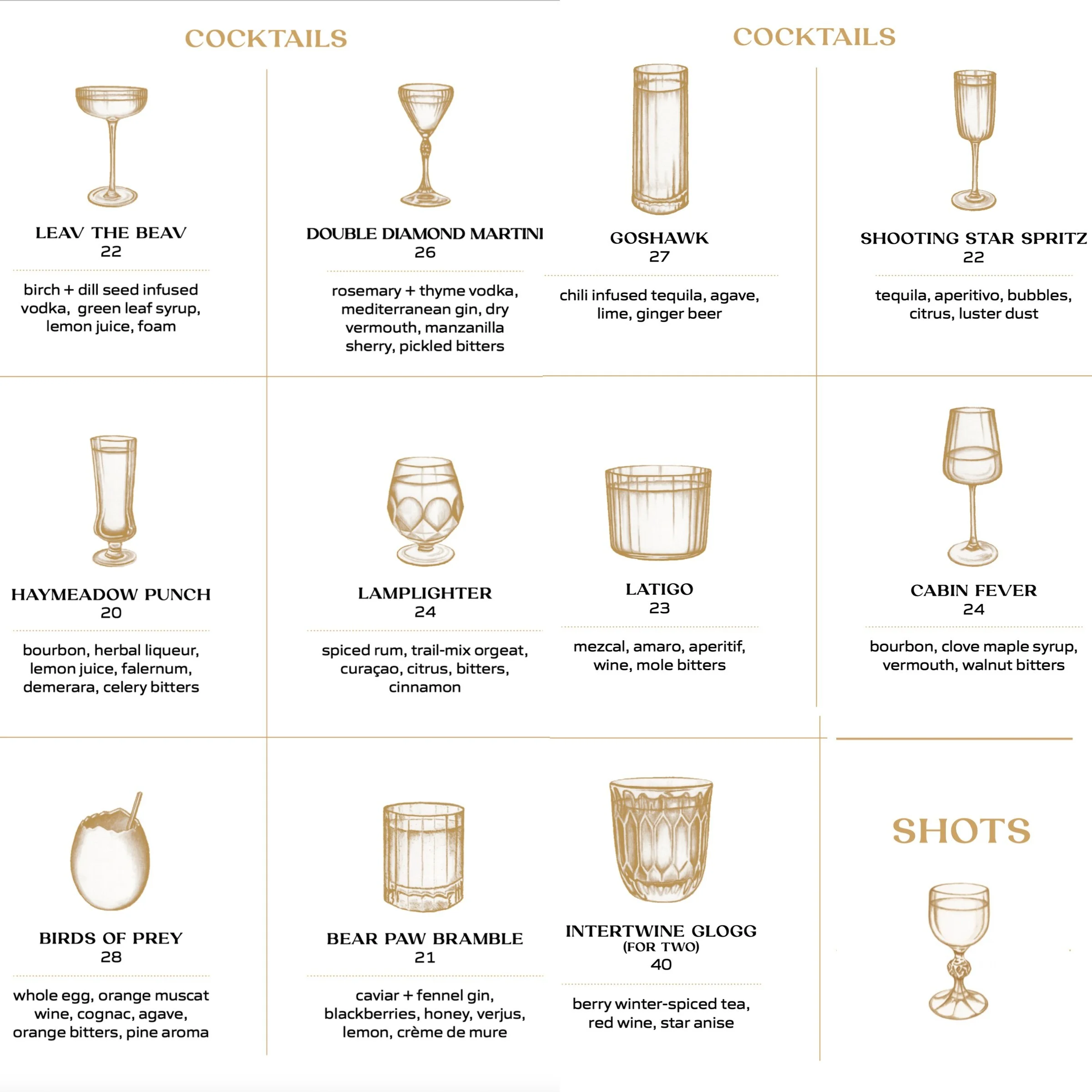 Cocktail menu final, from prior illustrations, 2024
