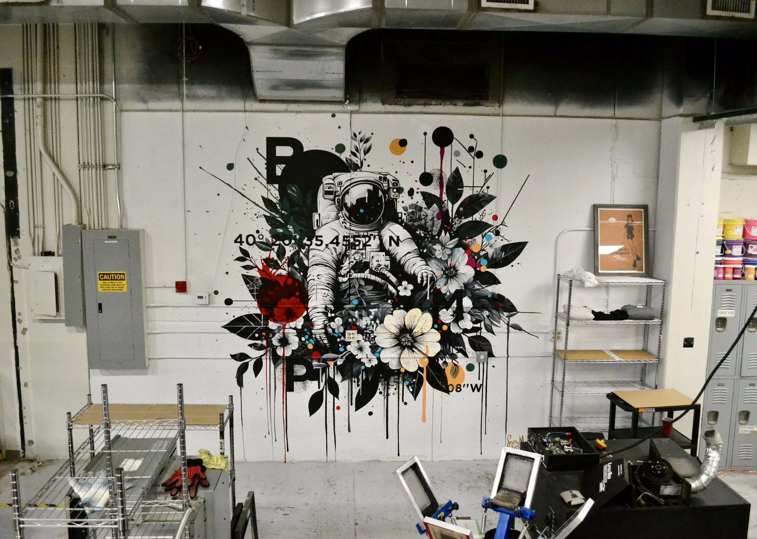 'Astronaut & Flowers', Interior mural for workspace, 11' x 11', Longmont, CO, 2024