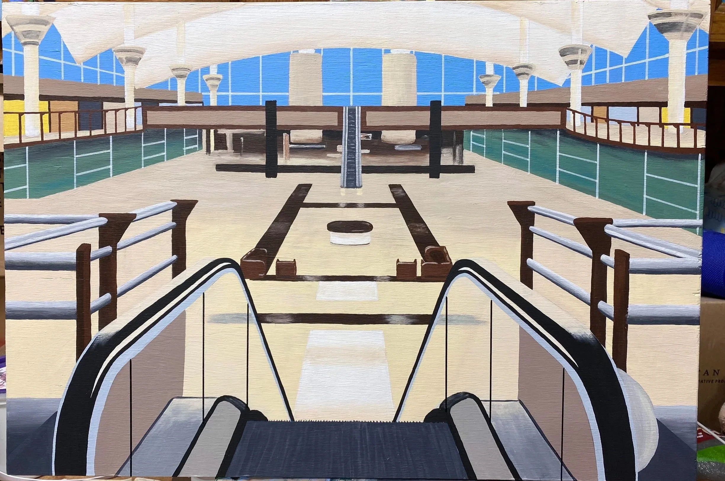 Denver Airport Interior, Acrylic on wood board, 18" x 14", 2022