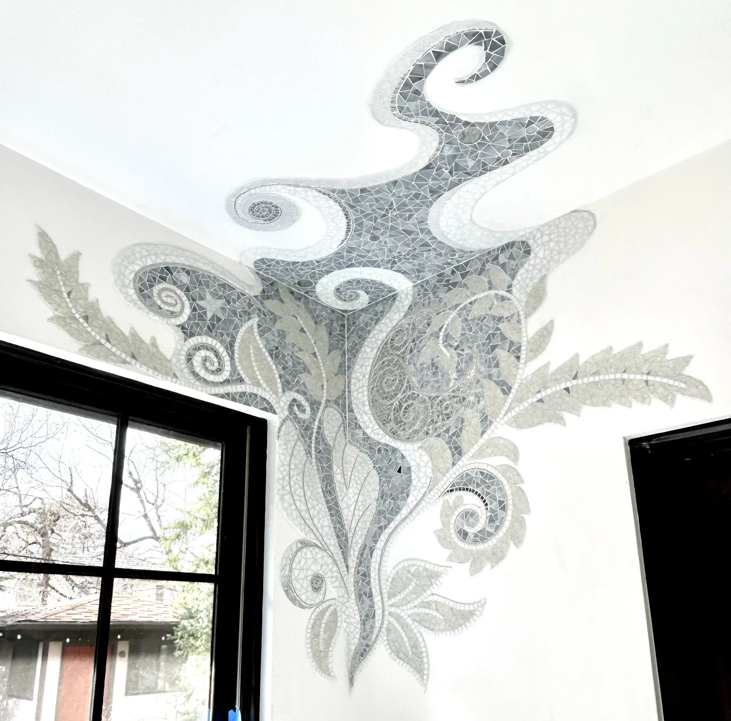 'Midsummer Night's Dream' wall/corner mosaic 1, private residence, 2025

Clear & stained glass, beads and mirror tile.  
~7'w x ~7'h
