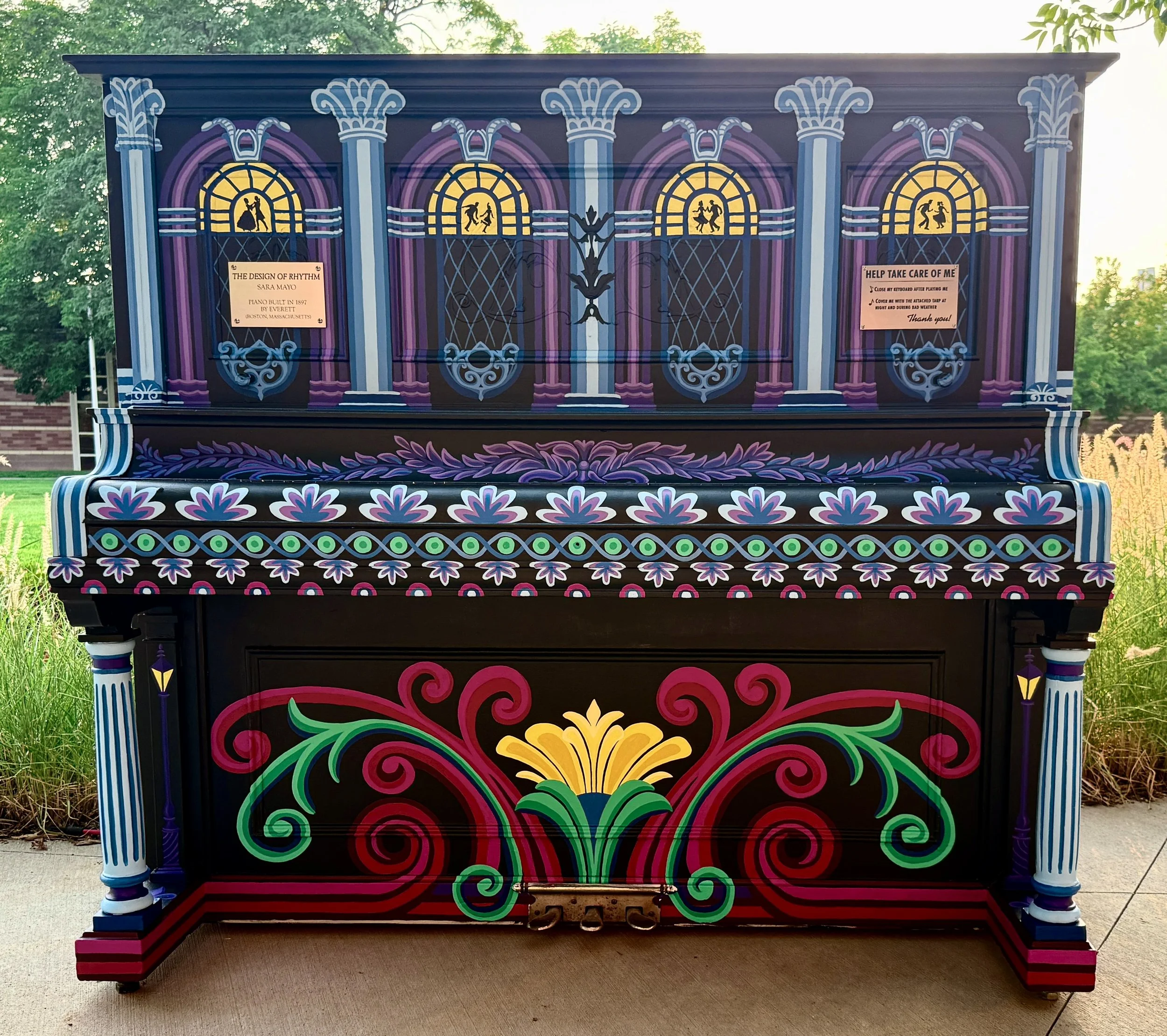 "The Design of Rhythm" piano, Pianos About Town public art and music project, Fort Collins CO.  Placed at Front Range Community College Larimer Campus, 2026