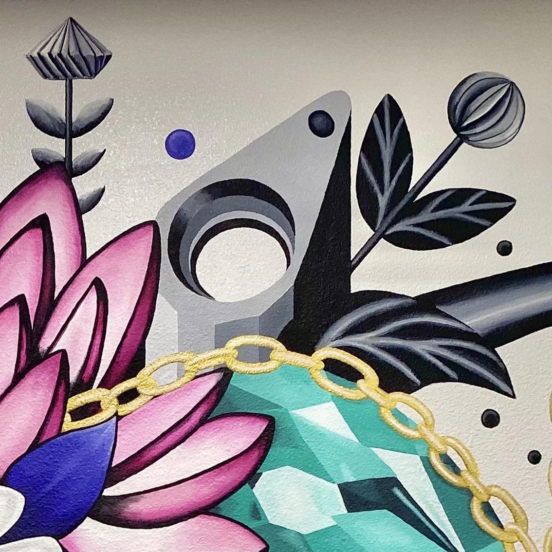 Mural for an independent jewelry store with a design focus on the craftsmanship of the jeweler as artist (detail). Acrylic brushwork.  Peyton, CO, 2025