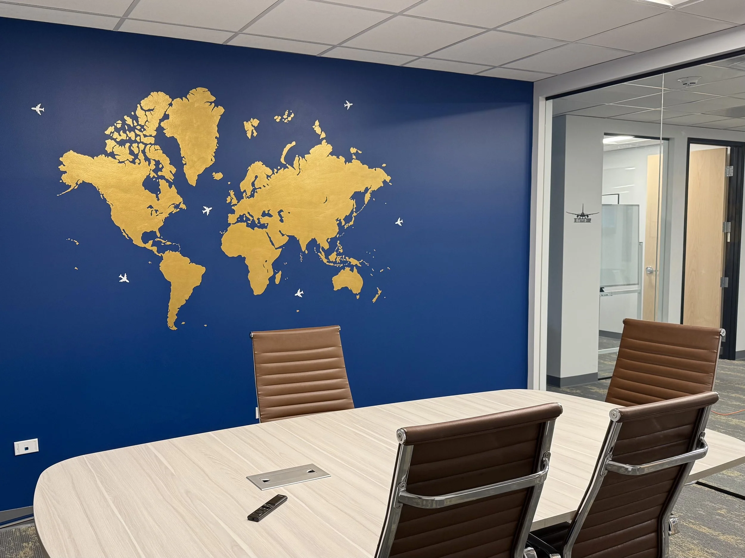 World Map mural, 5' x 7', office board room, Denver CO 2026