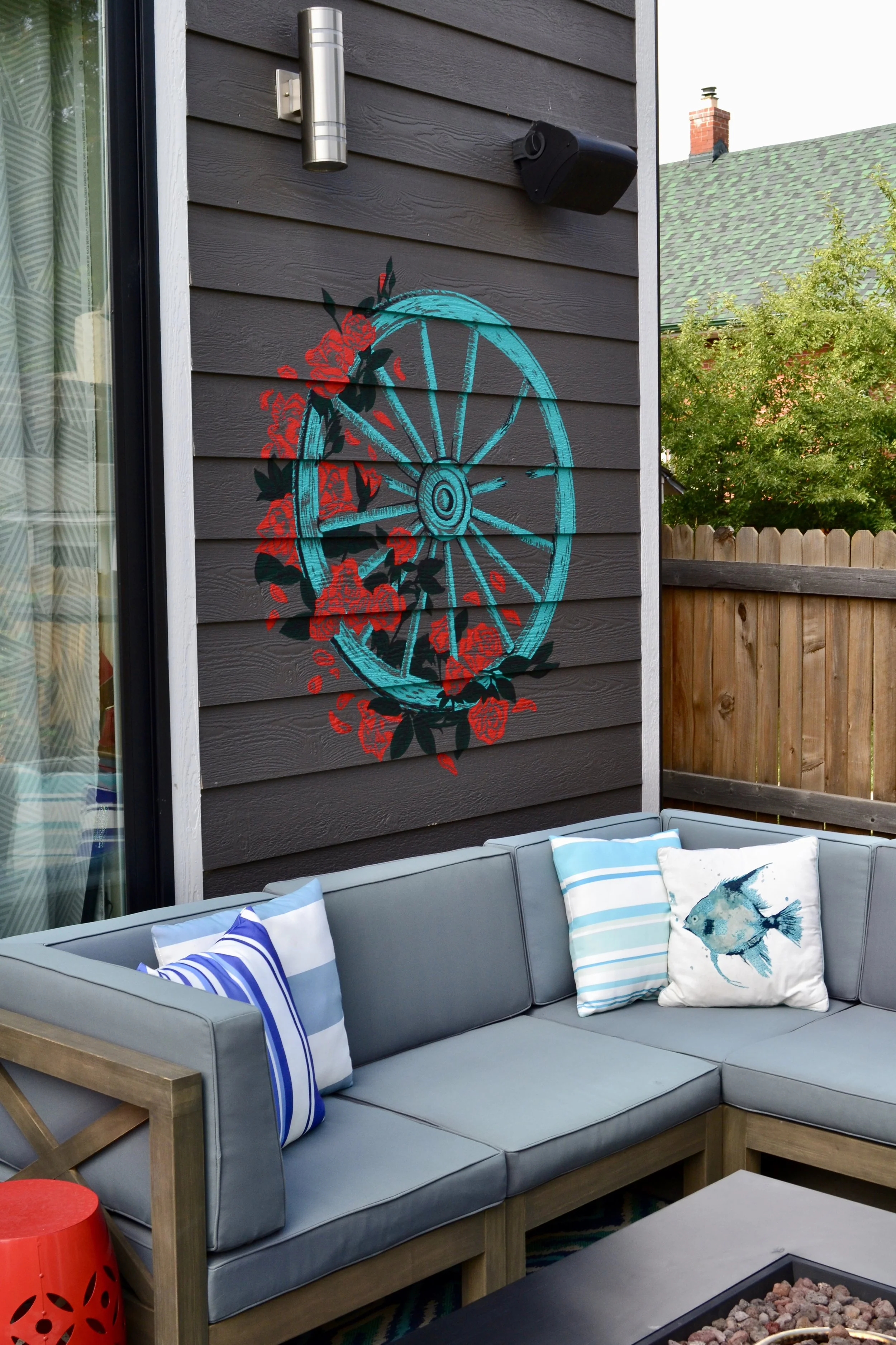 'Wheel & Roses' house tattoo, 4' x 4', private residence, Denver CO, 2019