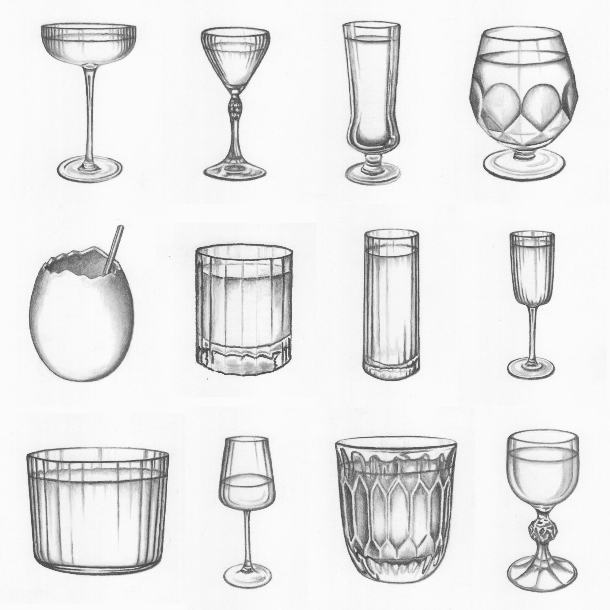 Cocktail illustrations, charcoal pencil on paper, 2024