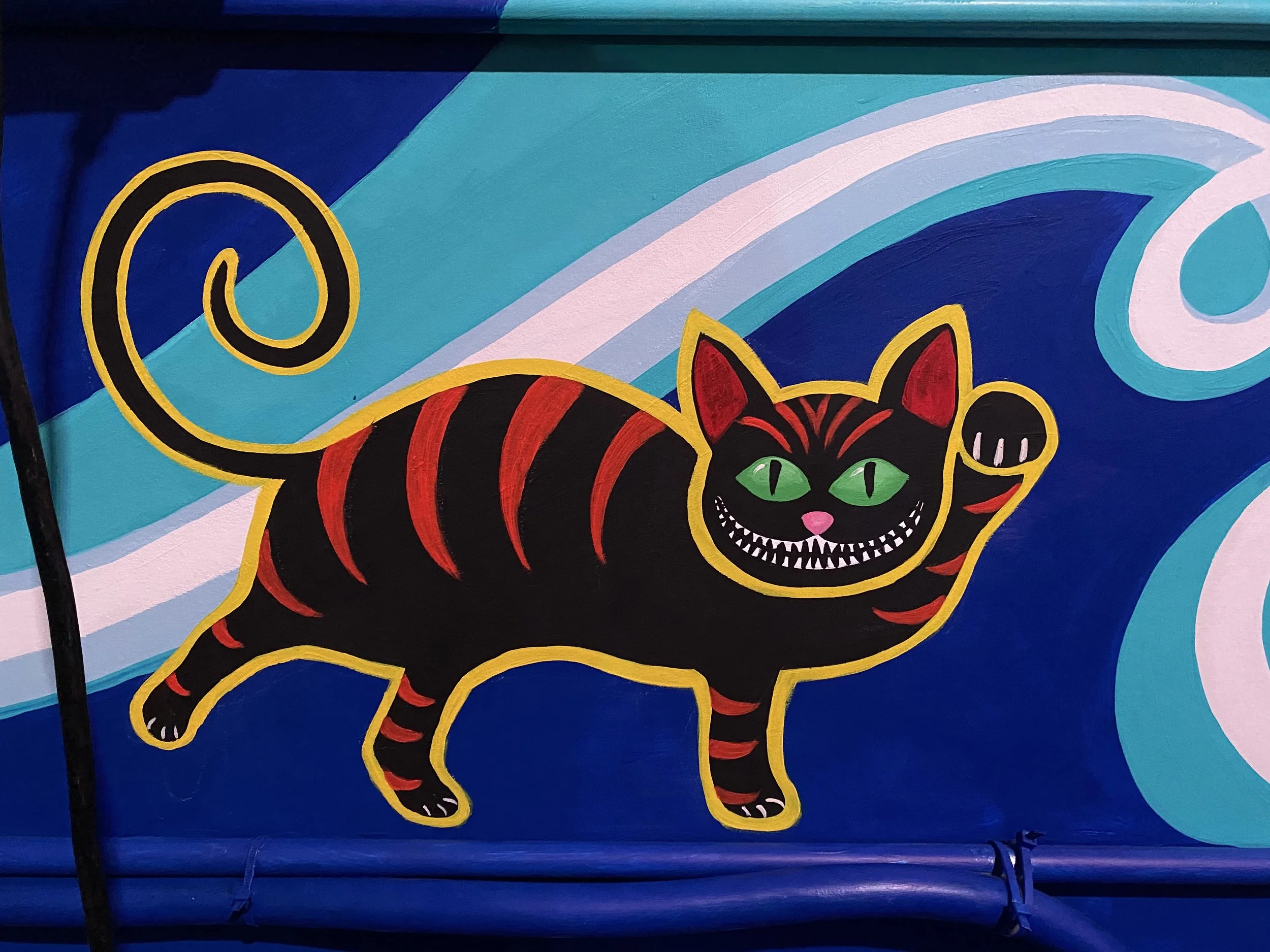 'Feed Your Head' Stage Wall & Door mural (detail- China Cheshire Cat), music venue, Denver CO, 2021