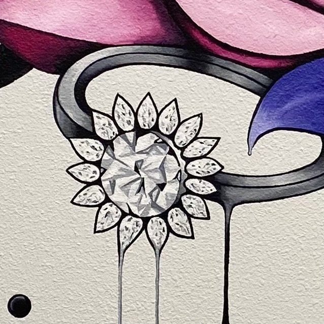 Mural for an independent jewelry store with a design focus on the craftsmanship of the jeweler as artist (detail). Acrylic brushwork.  Peyton, CO, 2025