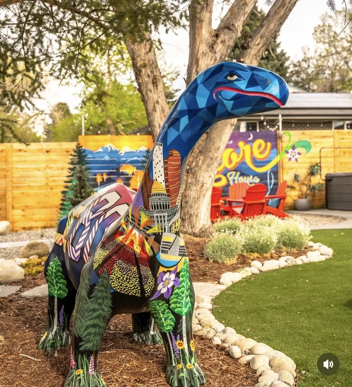 'Denver Dino' painted dinosaur, 6.5'h x 11'l x 2.5'w, AirBnB property, Centennial CO, 2025