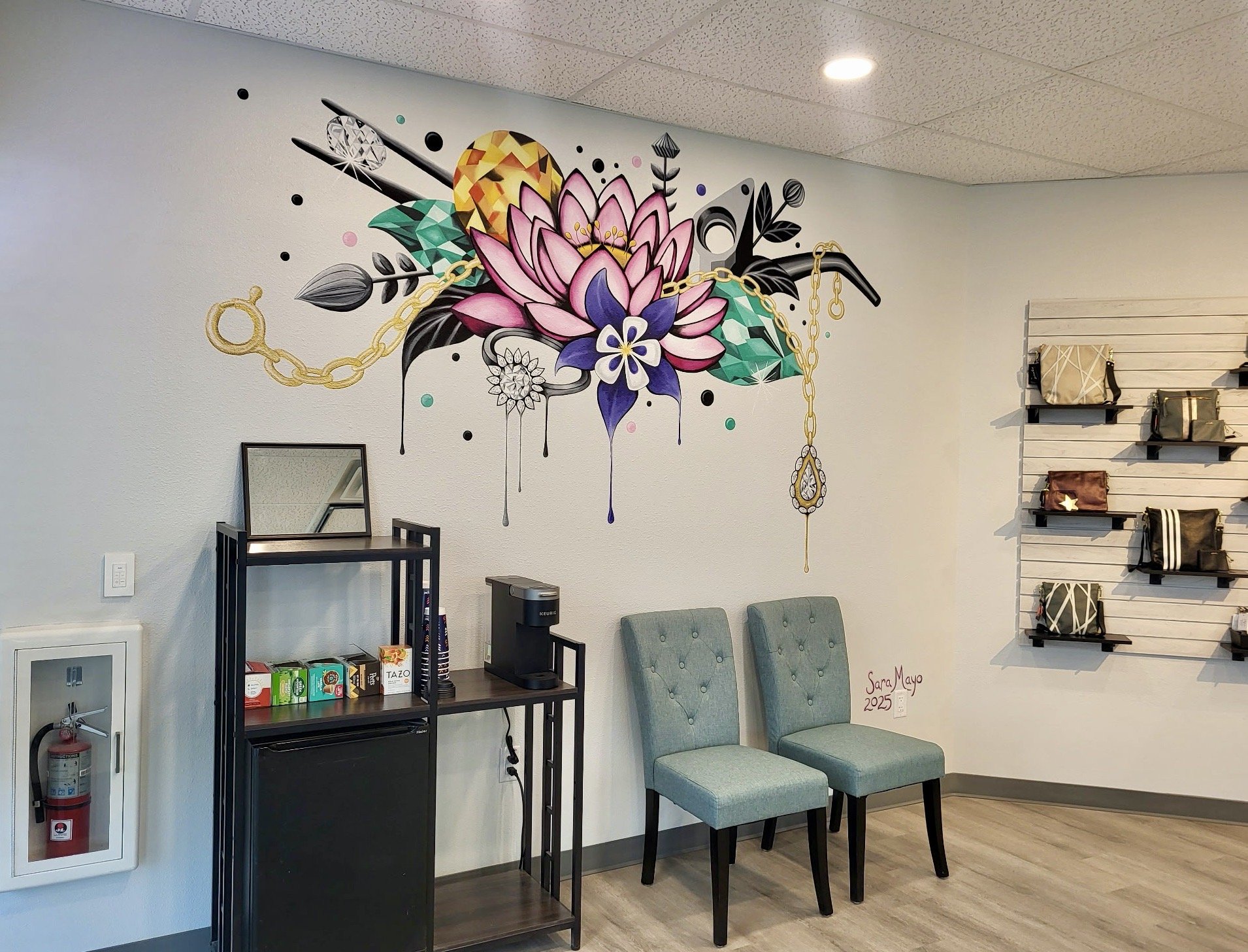 Mural for an independent jewelry store with a design focus on the craftsmanship of the jeweler as artist. Acrylic brushwork. Approx. 6.5'w x 4'h, Peyton, CO, 2025