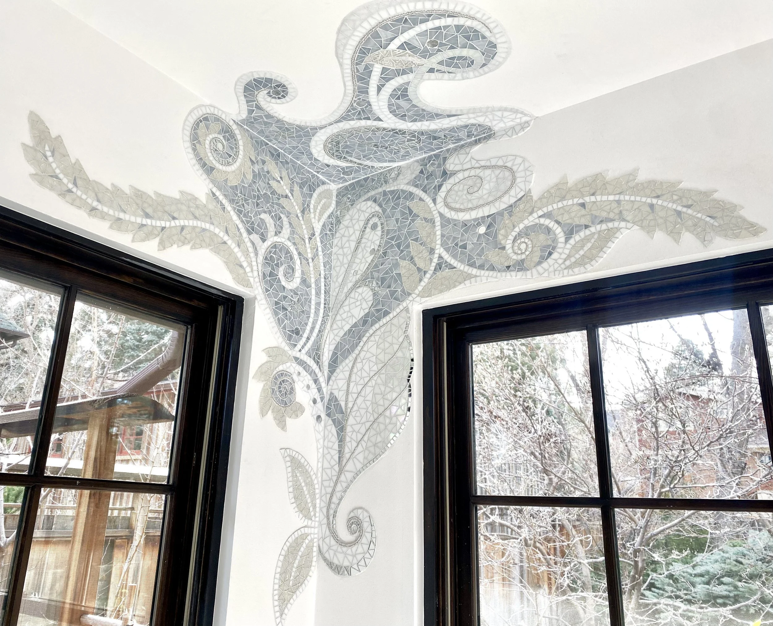 'Midsummer Night's Dream' wall/corner mosaic 2, private residence, 2025

Clear & stained glass, beads and mirror tile.  
~7'w x ~7'h