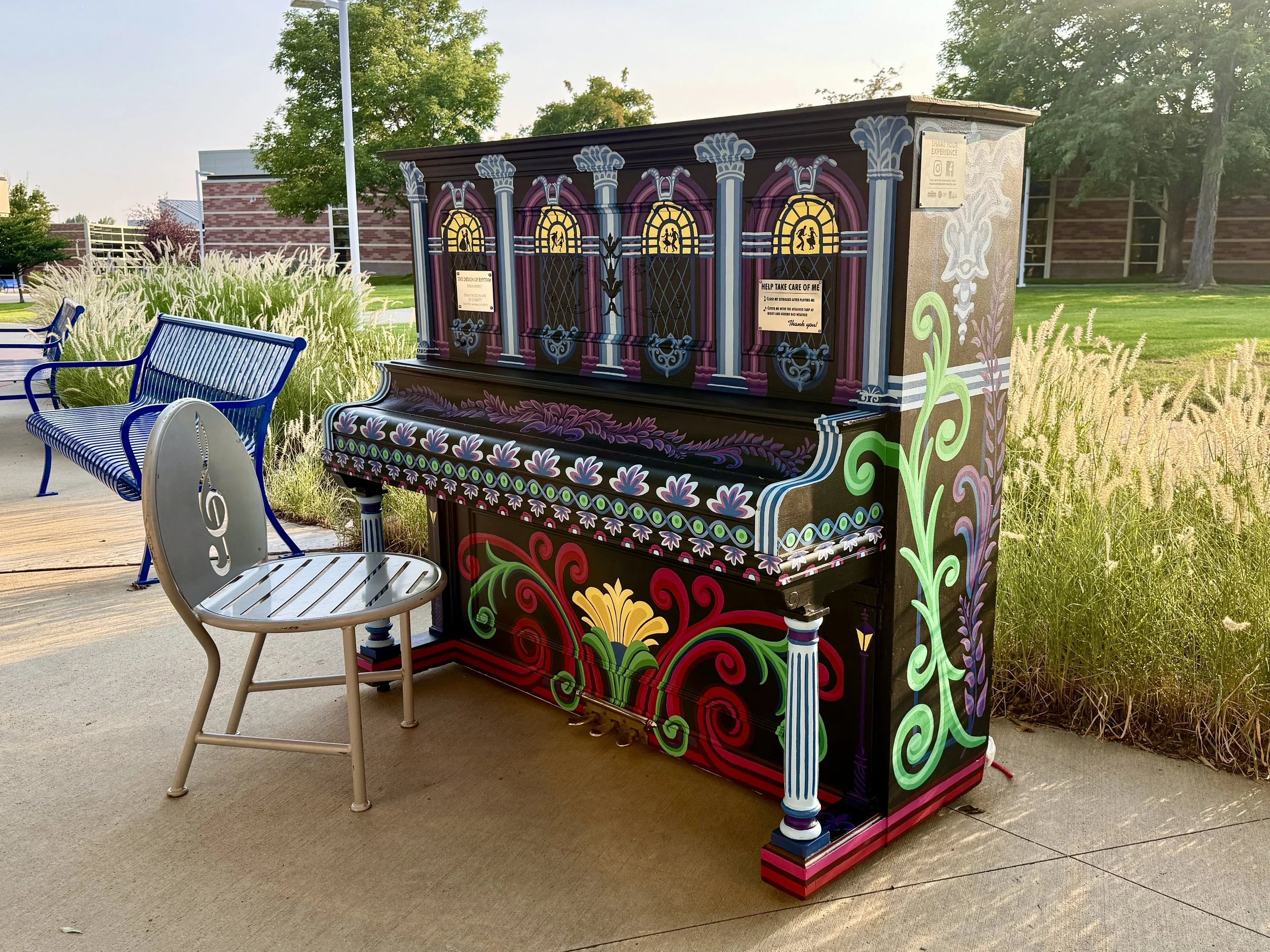 "The Design of Rhythm" piano, Pianos About Town public art and music project, Fort Collins CO.  Placed at Front Range Community College Larimer Campus, 2026
