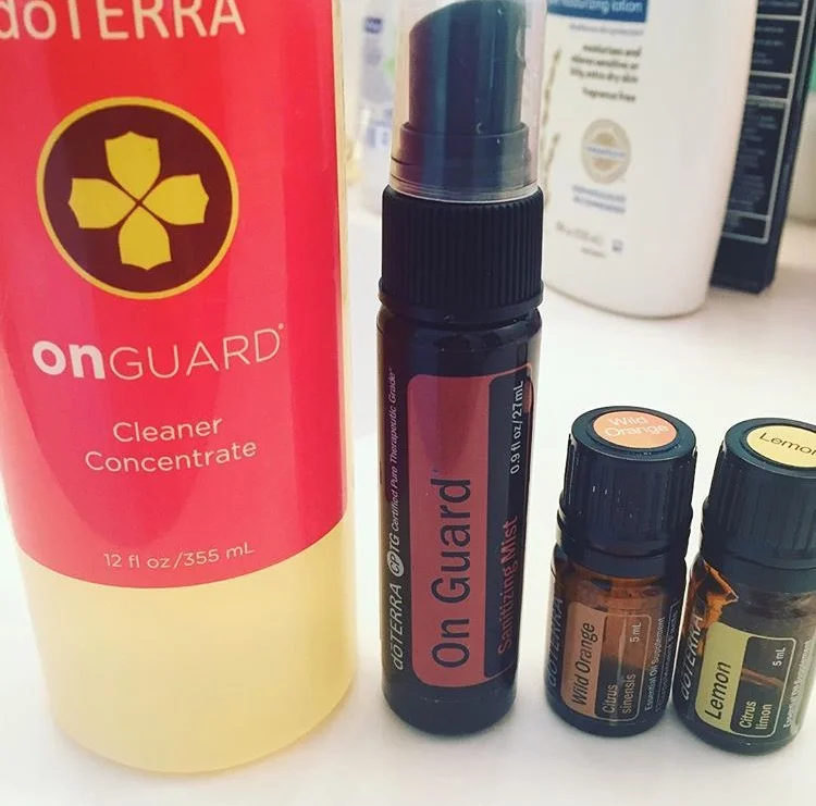 These items for cleaning are some of my favorites because I know that I am breathing in ingredients that are great for my family and I! Shown: OnGuard Concentrate Cleaner, OnGuard Hand Sanitizing Mist, Wild Orange oil and Lemon oil
