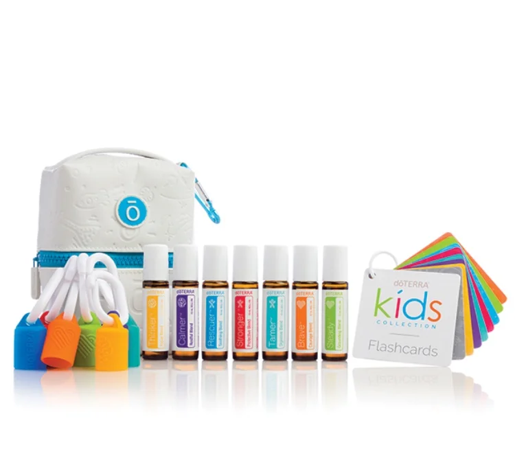 The Kids Collection from DoTerra is SO fun for both parents and children to play with and have around! UPDATED 2019 KIT contains 7 blends (new Tamer digestive blend ) that are completely unique from DoTerra for mind, body and heart and are perfectly diluted for children 3 and up and those with sensitive skin , this kit also comes with: -Cute zip pouch to store oils safely and securely -Educational colored flashcards to learn about each blend and how to use them -Colored carabiners/hooks on the bag and each oil bottle for individual use P.s.: individual blends are available for purchase, too!