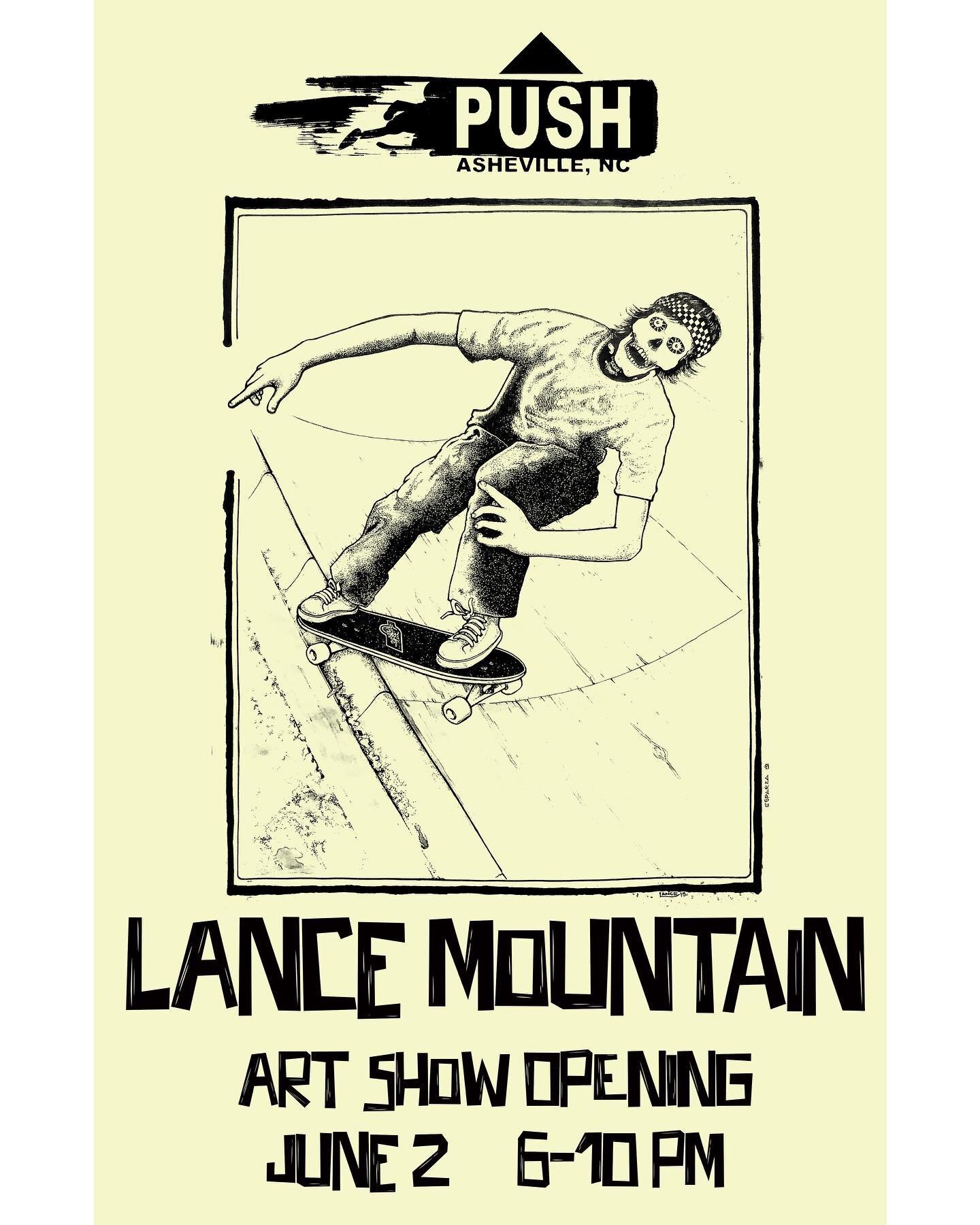 The Asheville Skate Foundation nonprofit, @foundationasheville and @pushskateshop are keeping the good times rolling for us all!!

We&rsquo;re proud to announce the upcoming @lancemountain solo art show in the PUSH Skateshop gallery on Friday June 2n