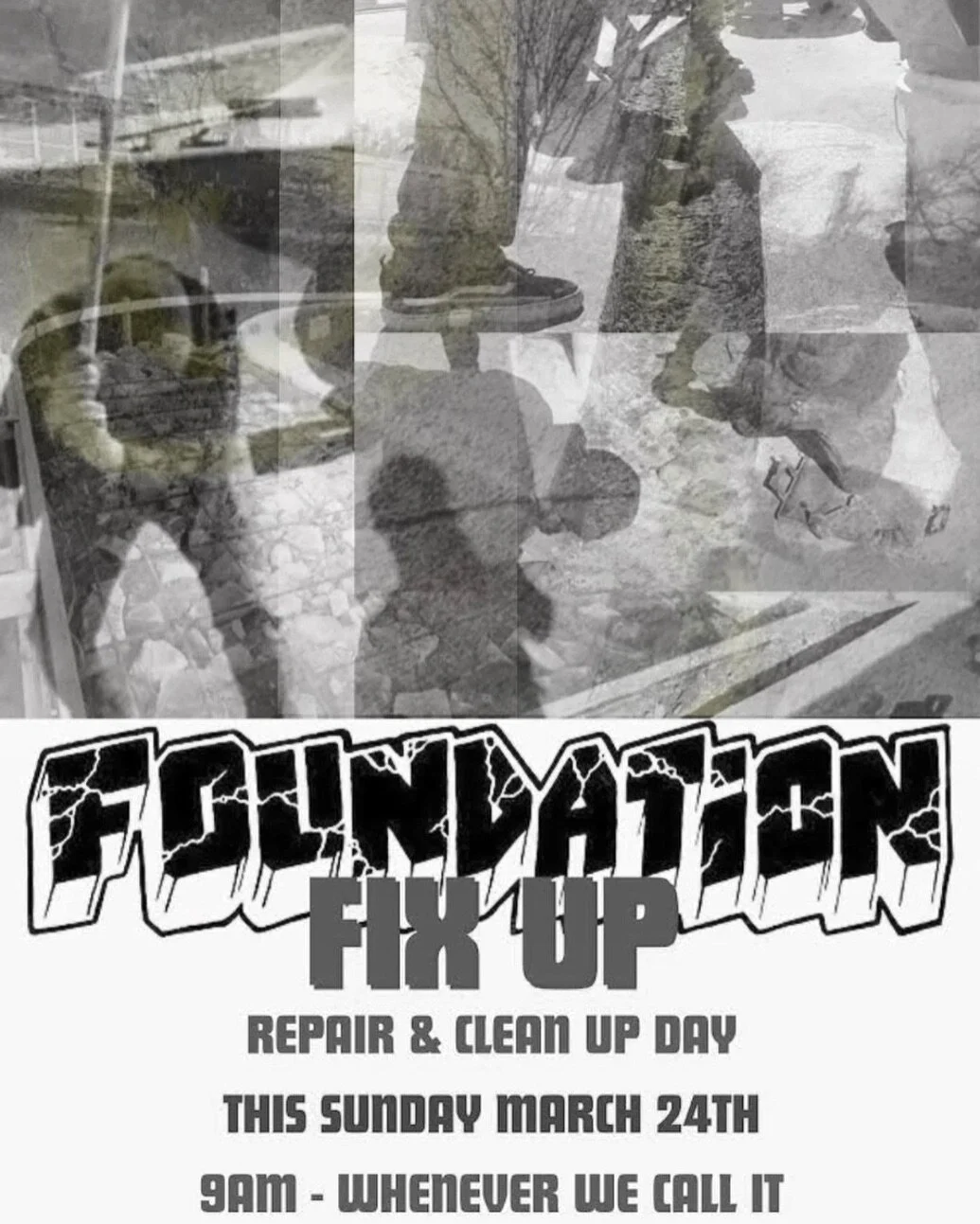 ROUND 2 of maintenance this Sunday! BRING:
-Clothes to get filthy, no cute outfits
- Gloves if you got soft hands
- Ear protection, gonna be loud
- Buckets for water &amp; brooms
- Flat head shovels for mixing concrete
- Hammers / pry bar / crowbar /