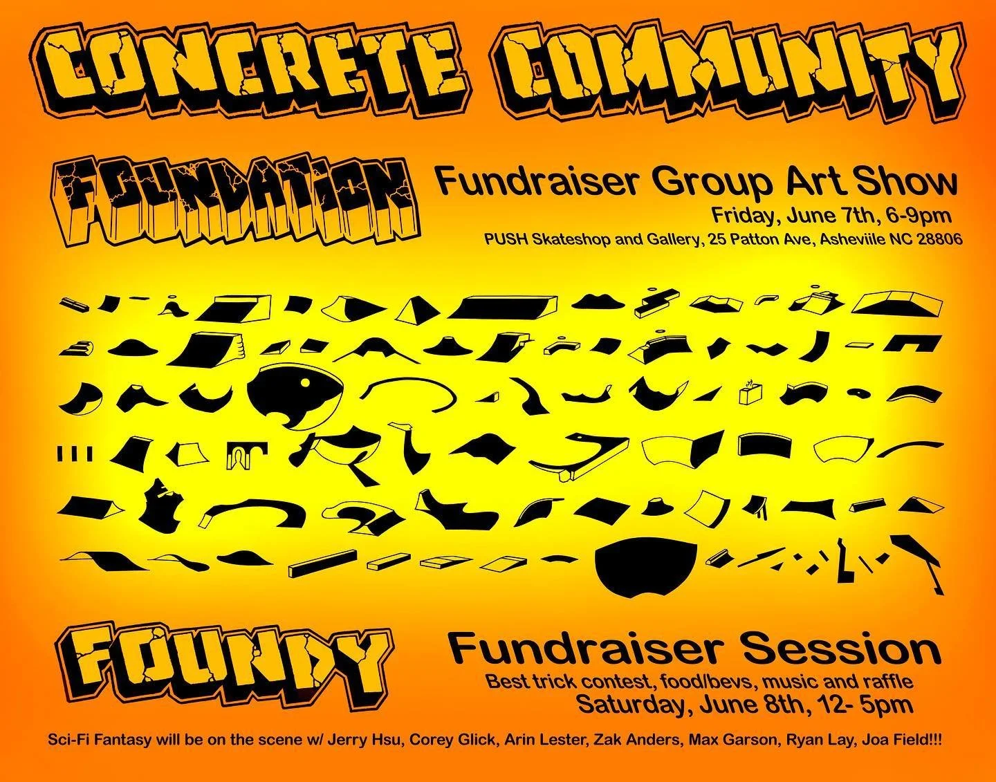Summer @foundationasheville fundraiser festivities! 

The &ldquo;Concrete Community&rdquo; group art show is coming up on Friday, June 7th from 6-9pm @pushskateshop in the gallery.

The show is curated by @brainstomskateboards with the help of @coolc
