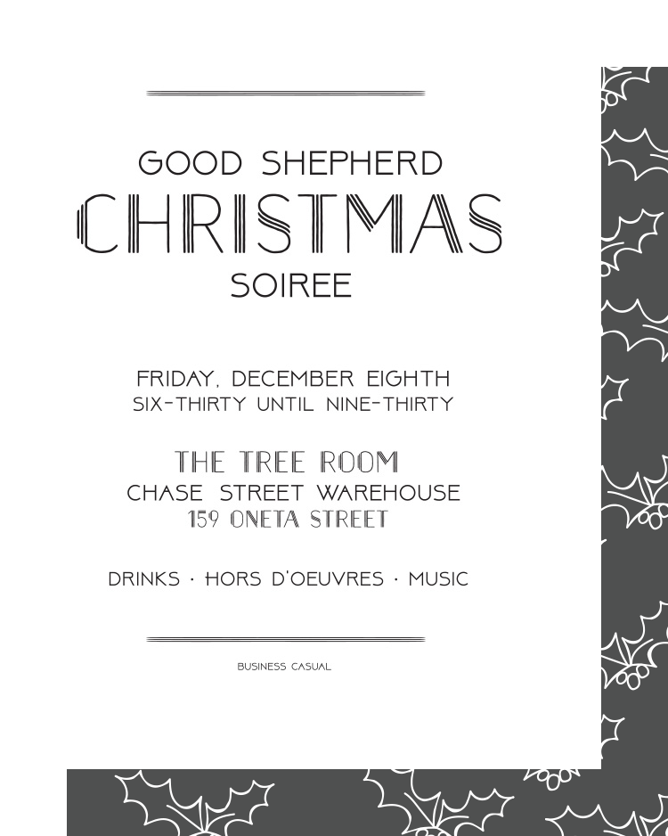 Childcare and Kids' Christmas party provided at Good Shepherd Presbyterian (756 N. Chase Street) from 6:30-9 with $10 suggested donation