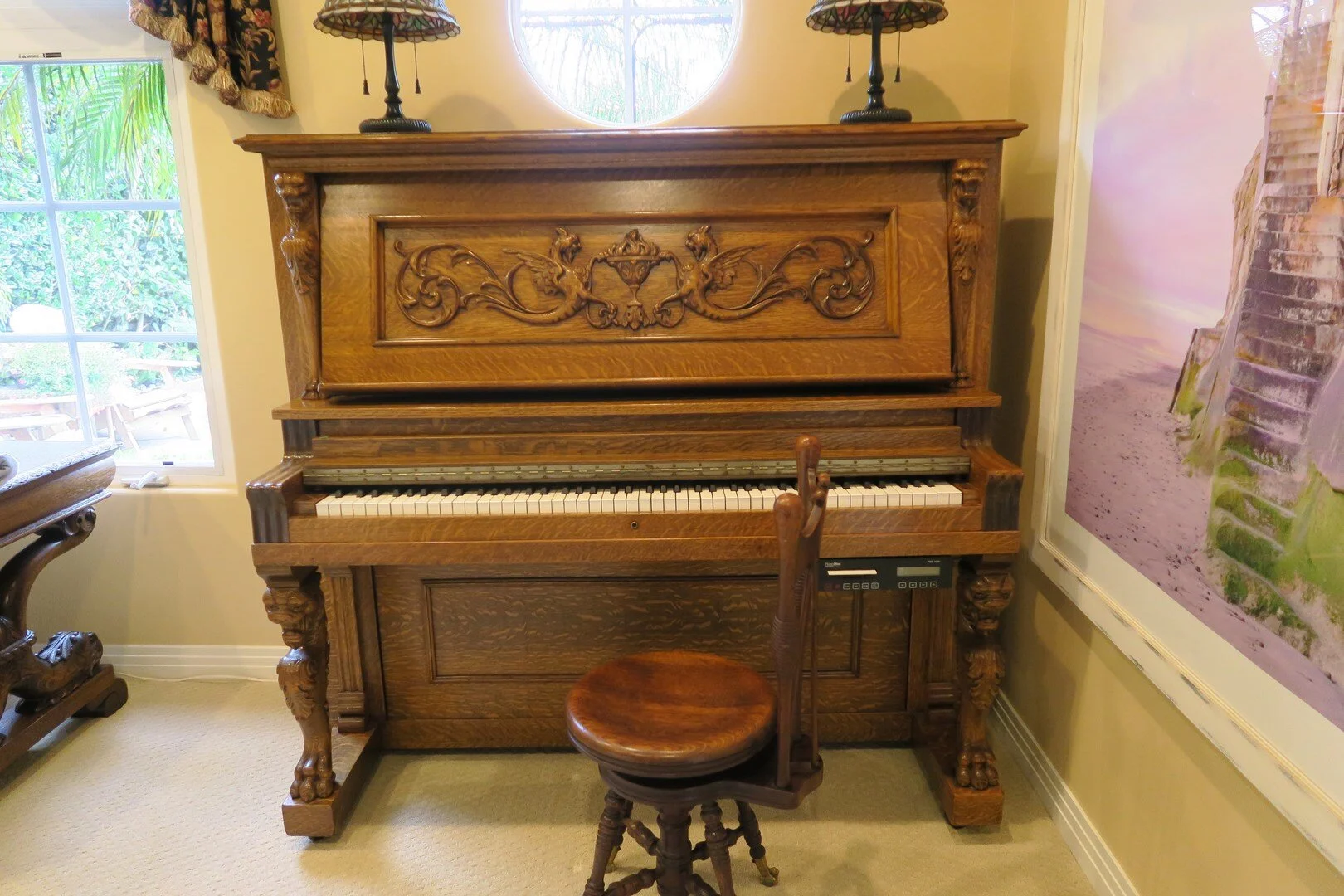 Zellner Full-Size Upright Oak Piano With Piano Disc &amp; Stool