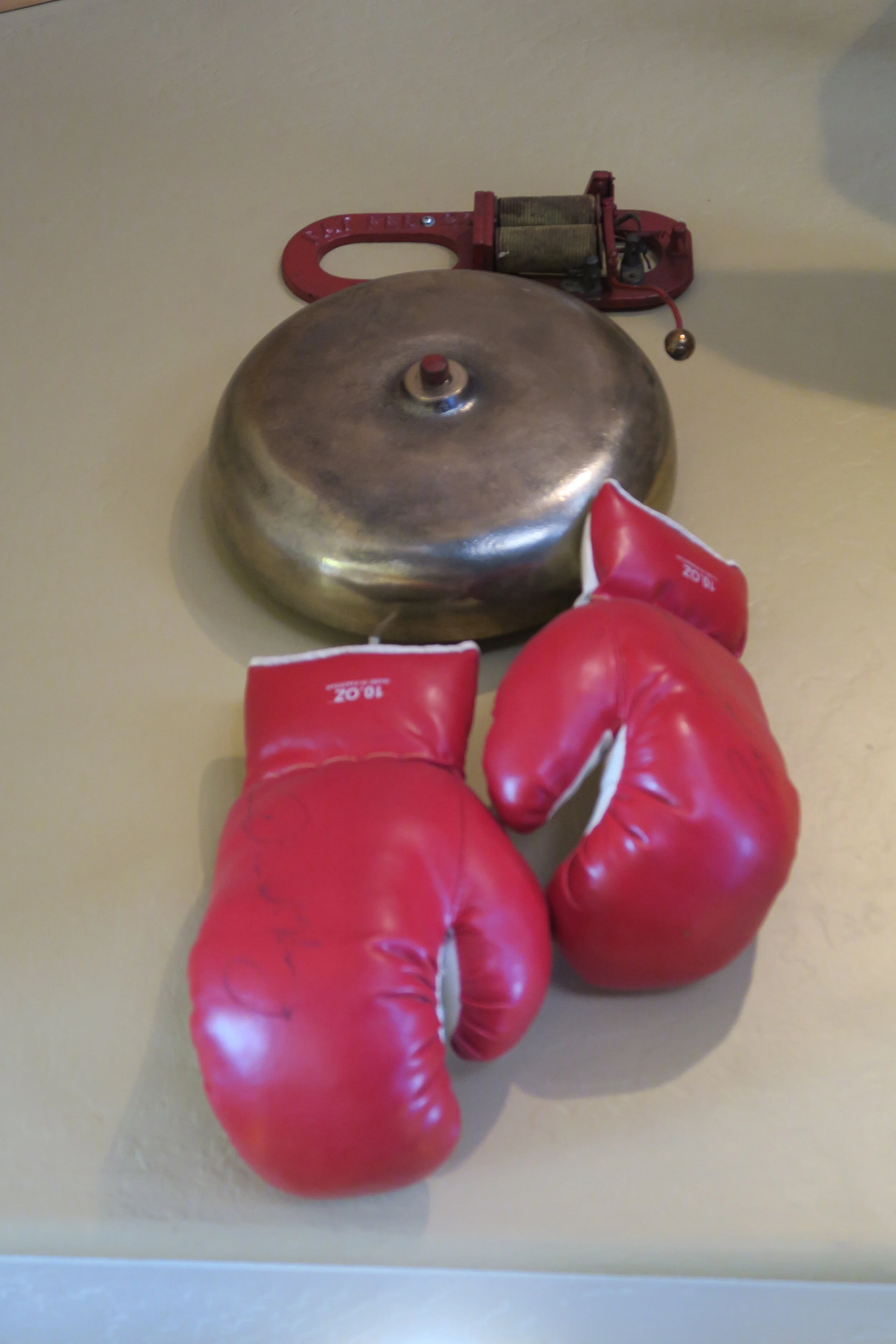 Signed "Oscar De La Hoya" Red Boxing Gloves and Brass Boxing Bell