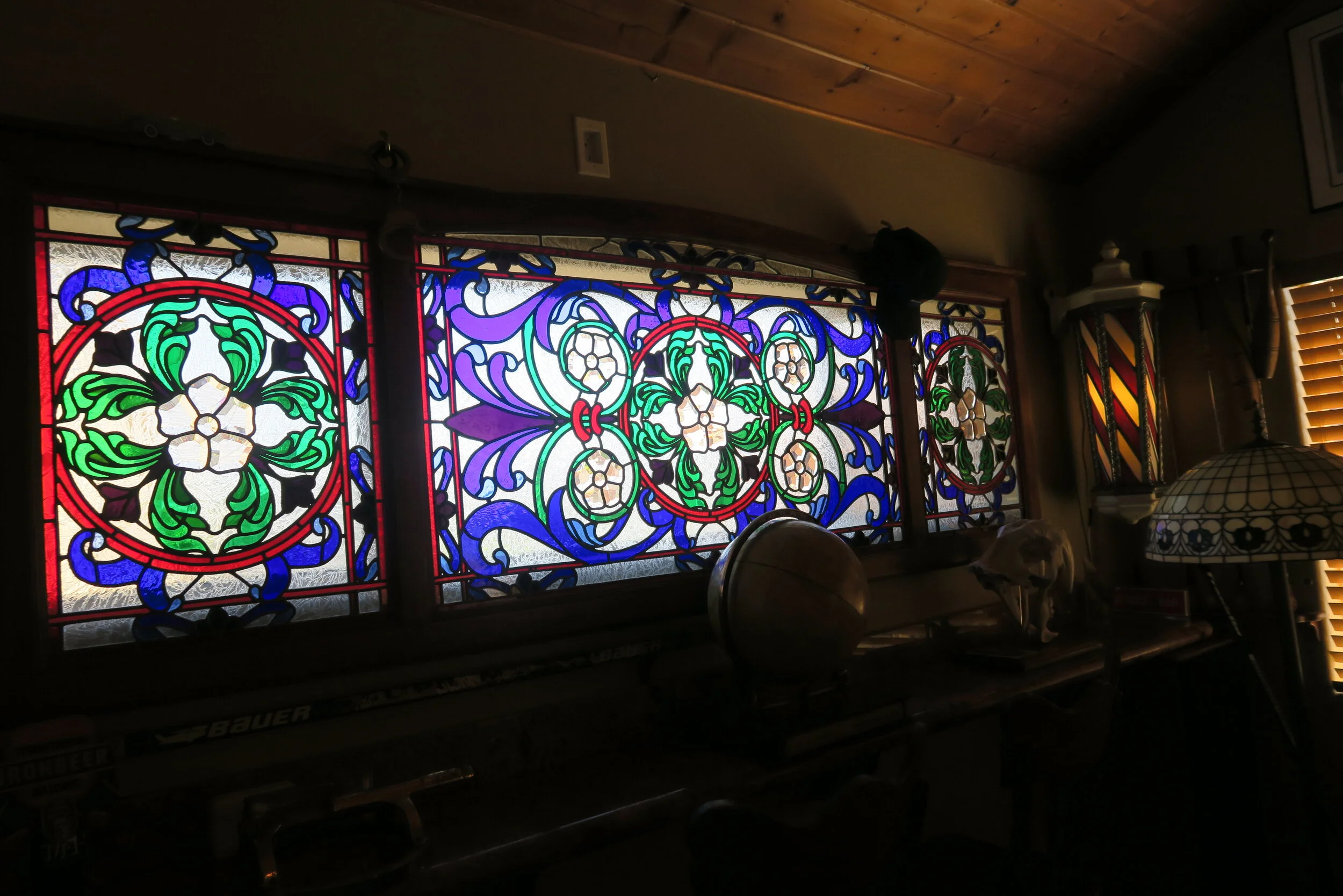 Large Stained-Glass Three-Part Window in Oak Frame