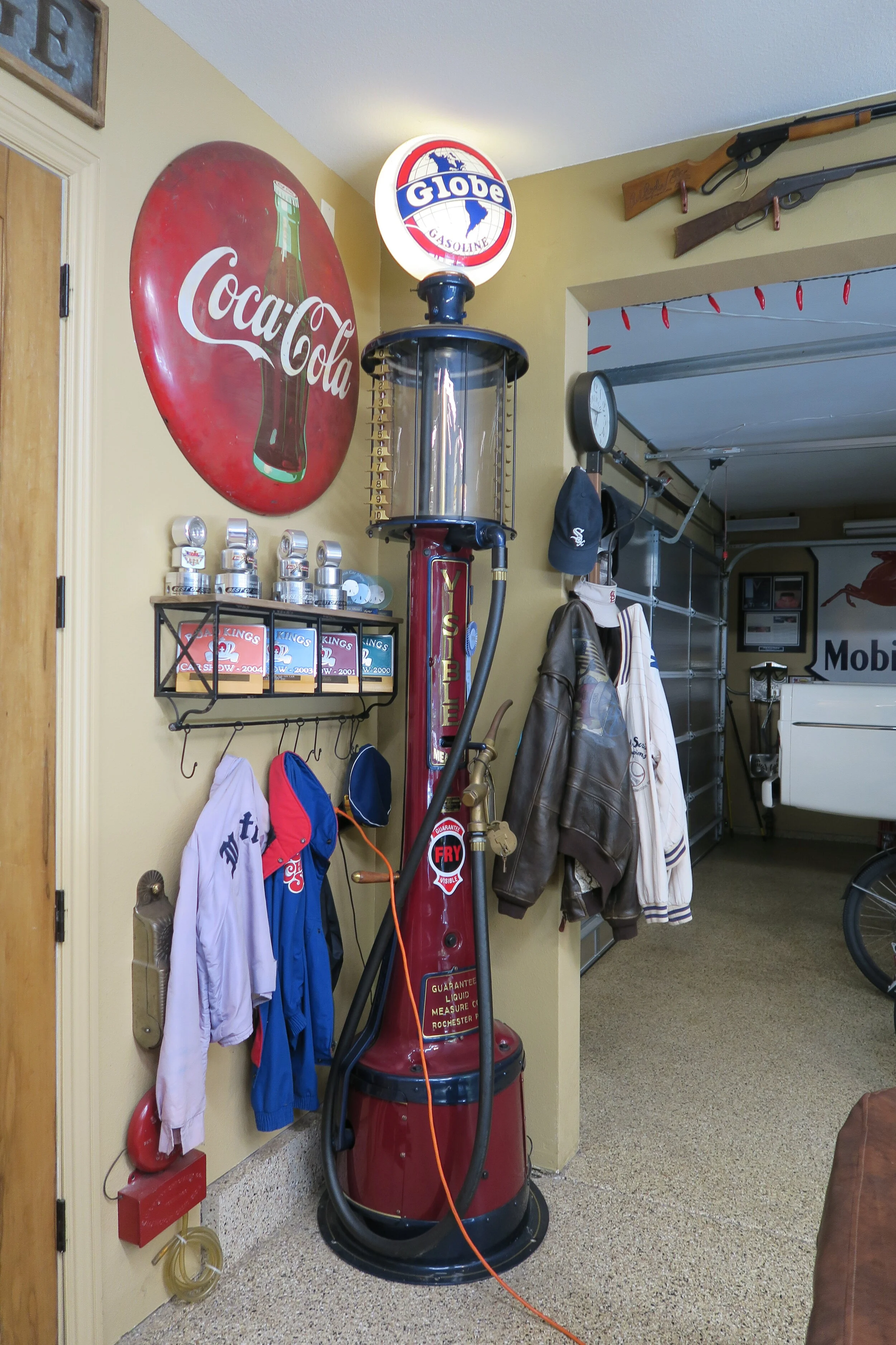 Fry Mae West Red Lighted Five Gallon Visible Gas Pump with Original Glass Globe