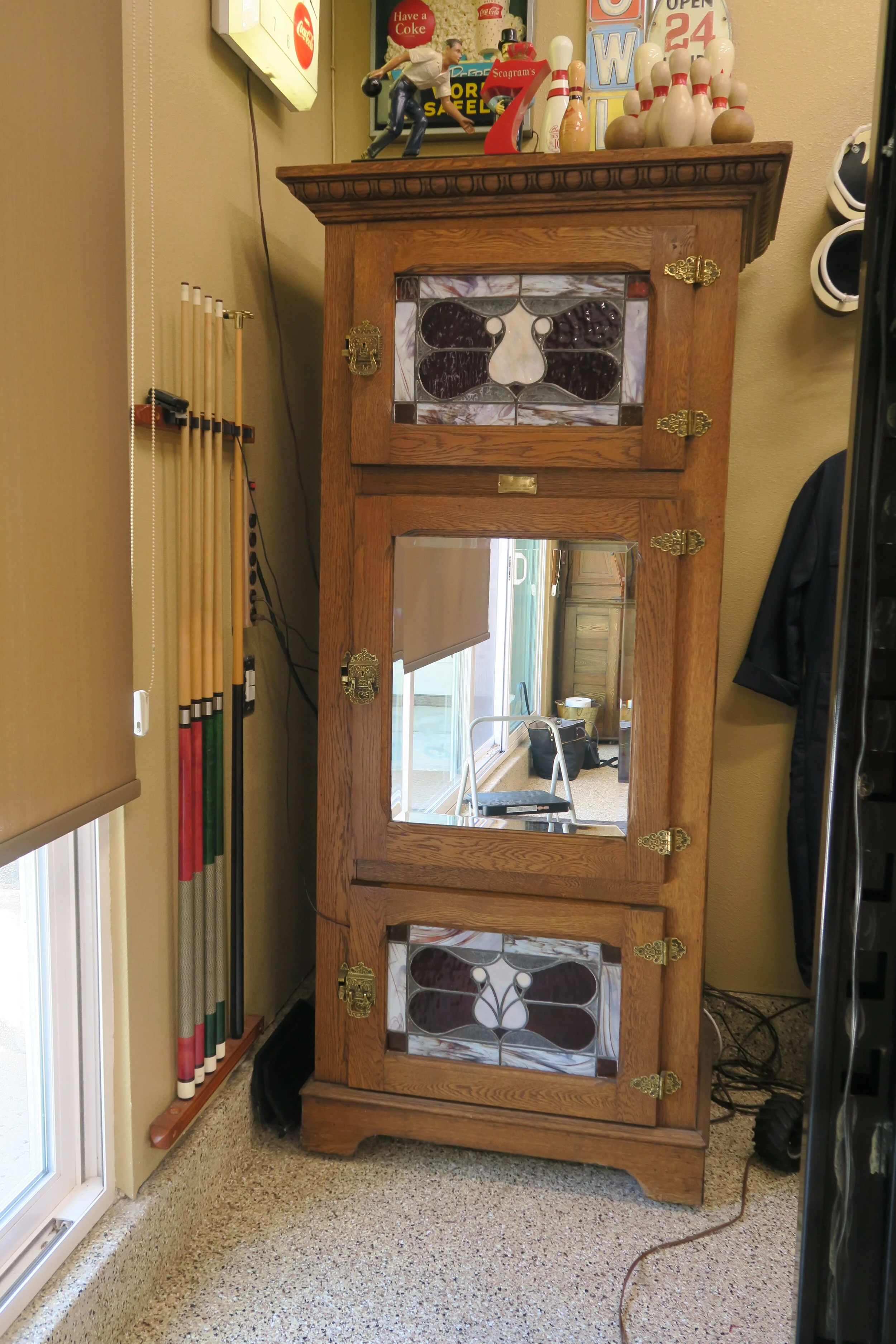 Replica Oak Ice Box with Stained Glass