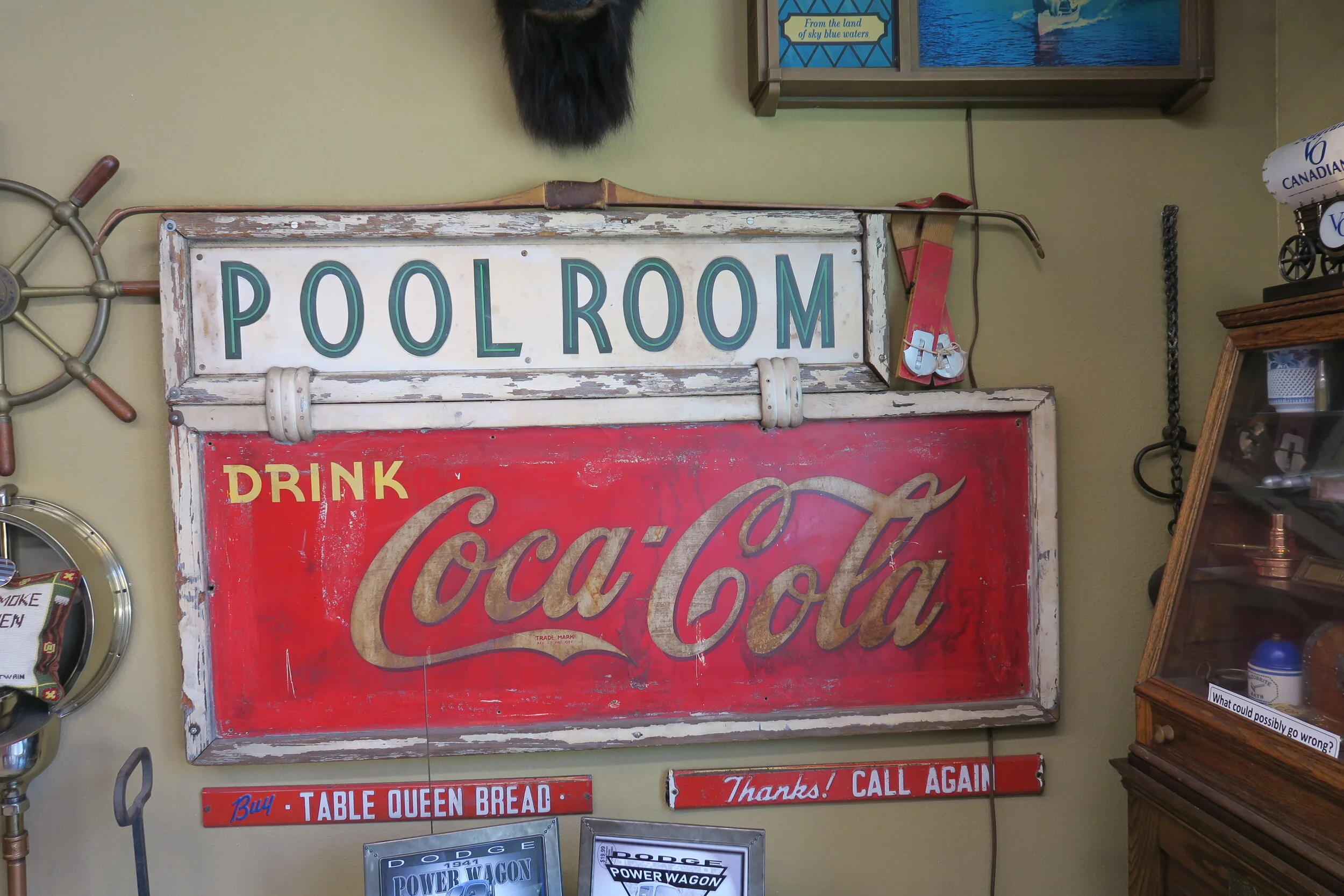 Pool Room / Drink Coca-Cola Tin and White Wood Frame Sign