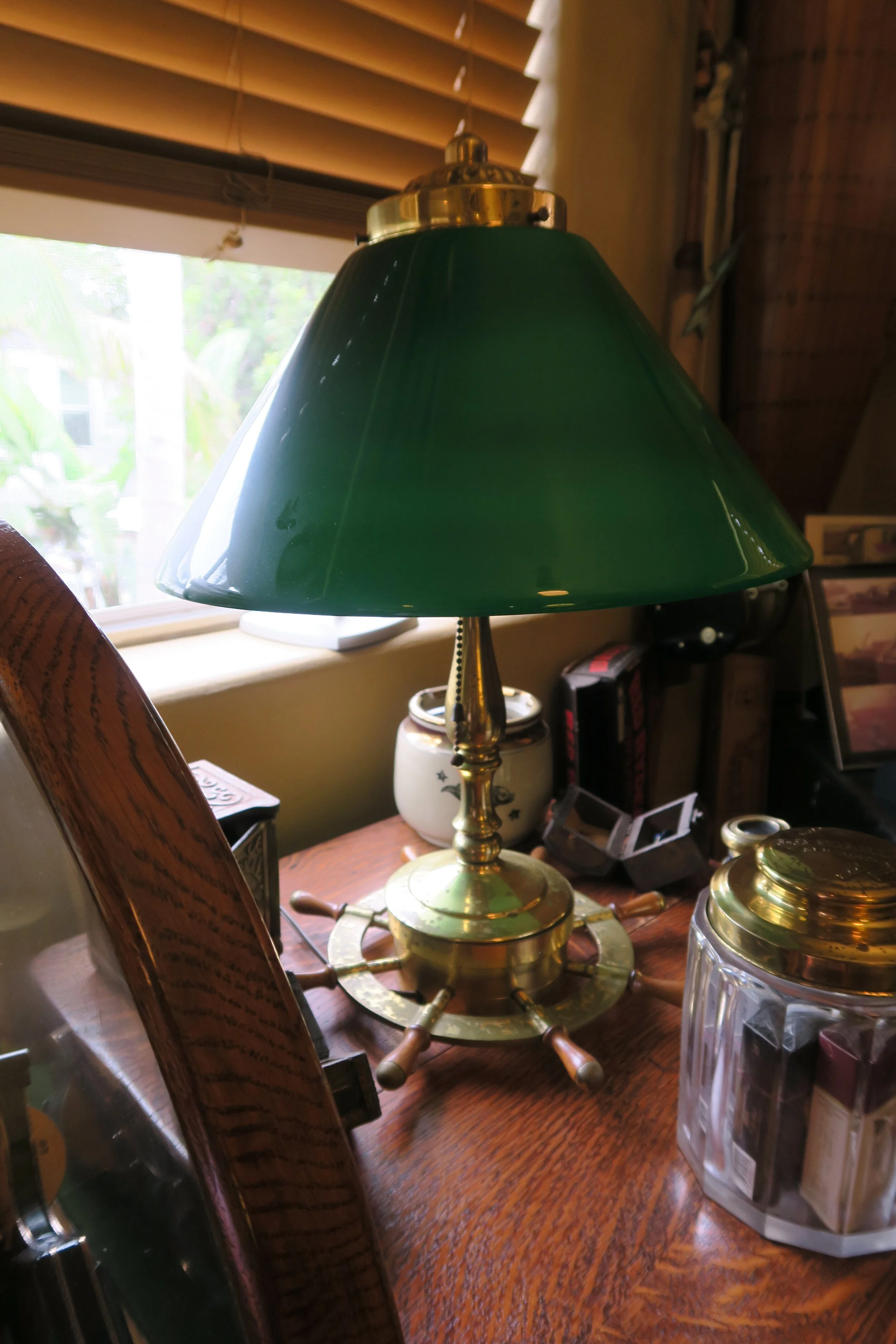 Brass Ship's Wheel Table Lamp with Green Glass Shade
