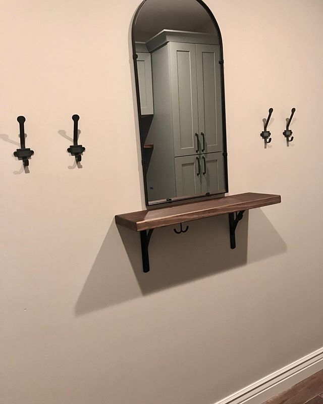 We have a few more finishing touches to add to this hardworking, functional AND pretty mudroom, but today we added a mirror &amp; shelf! They are the perfect complement to this amazing mudroom. We&rsquo;ve even added a wee little hook for the pup&rsq
