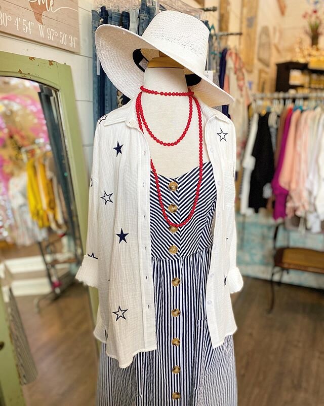 Who is she?! 😮 If you&rsquo;re feeling like Miss Americana, pick up this one-and-done Fourth of July themed outfit from @littlebluebirdofbuda 🇺🇸✨ It includes a striped dress, white with stars long sleeve shirt, red beaded necklace &amp; topped off