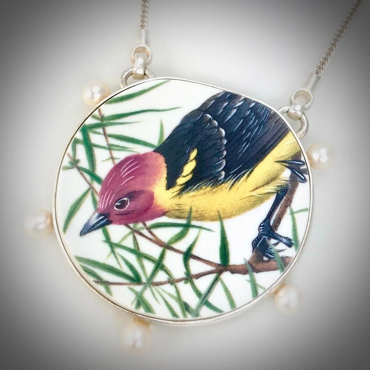 Western Tanager with Pearls Necklace