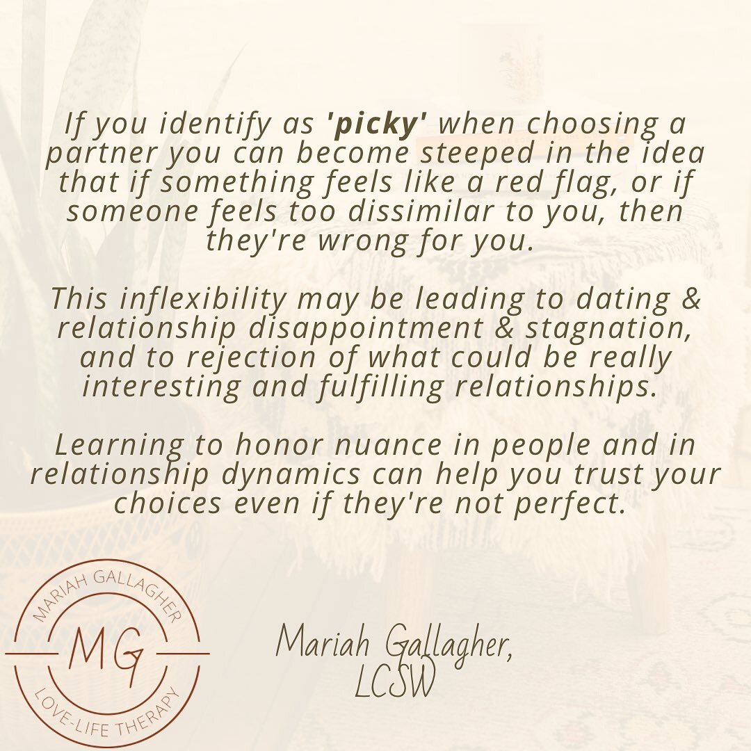 Have you ever referred to yourself as picky? What if you&rsquo;re blocking the way for an imperfect but perfect-for-you partner?

#relationshipadvice #therapy #phillytherapist #lovelife #traumahealing #loveandrelationships #picky