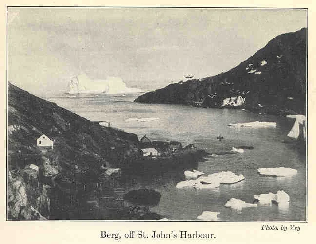 Icebergs making their way through The Narrows . Credit Vey, source Vikings of the Ice : Being the Log of a Tenderfoot on the Great Newfoundland Seal Hunt by George Allan England. Public Domain Licence