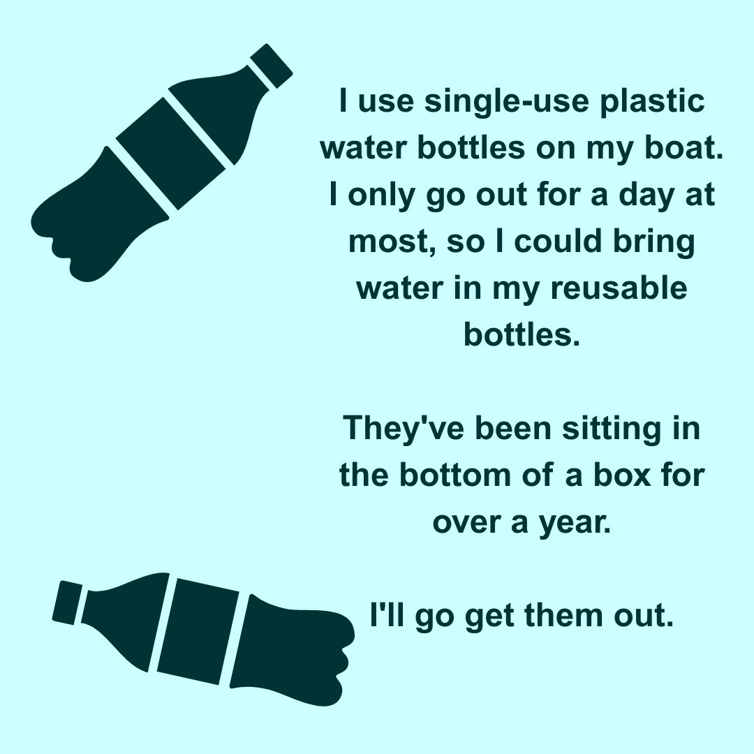  I use single-use plastic water bottles on my boat. I only go out for a day at most, so I could bring water in my reusable bottles. They've been sitting in the bottom of a box for over a year. I'll go get them out. 