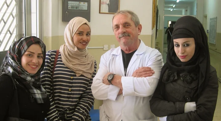 Dave Evans and trainees Shefa, Hadeel, and Marwan at the Al Bader Center, Jordan. -