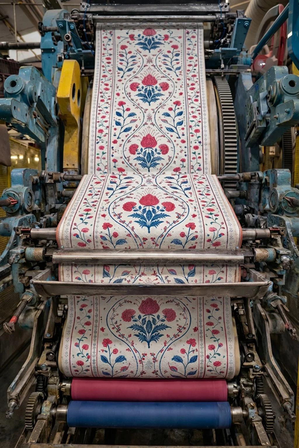 A machine printing a floral patterned wallpaper with red and blue flowers on beige background.