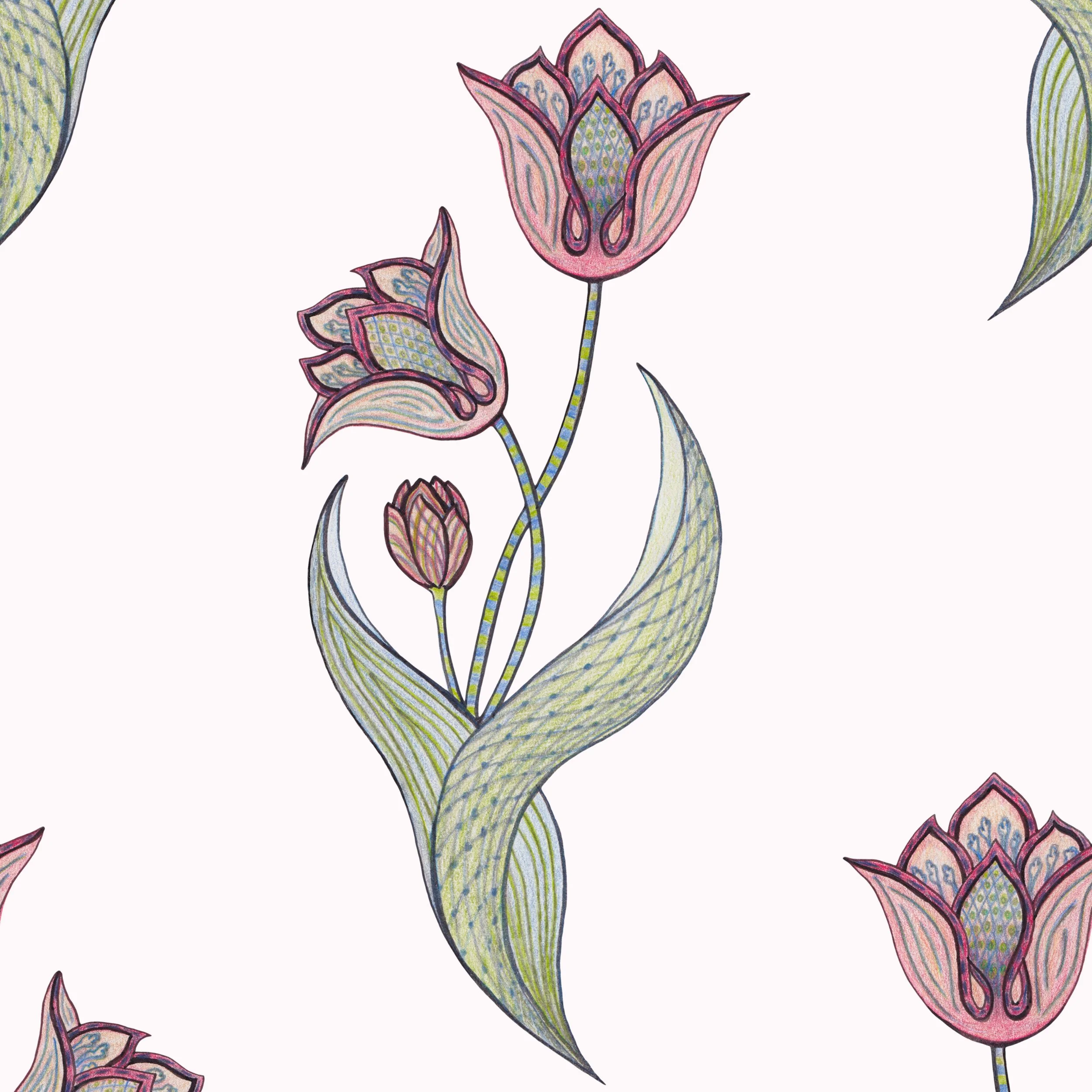 Painted Garden – Tulip in Ottoman Rose

Tulip in Ottoman Rose is a hand-drawn wallpaper pattern from the Painted Garden collection, created in coloured pencil. This warmer colourway gives the stylised tulip motif an aged, textile-like character, with