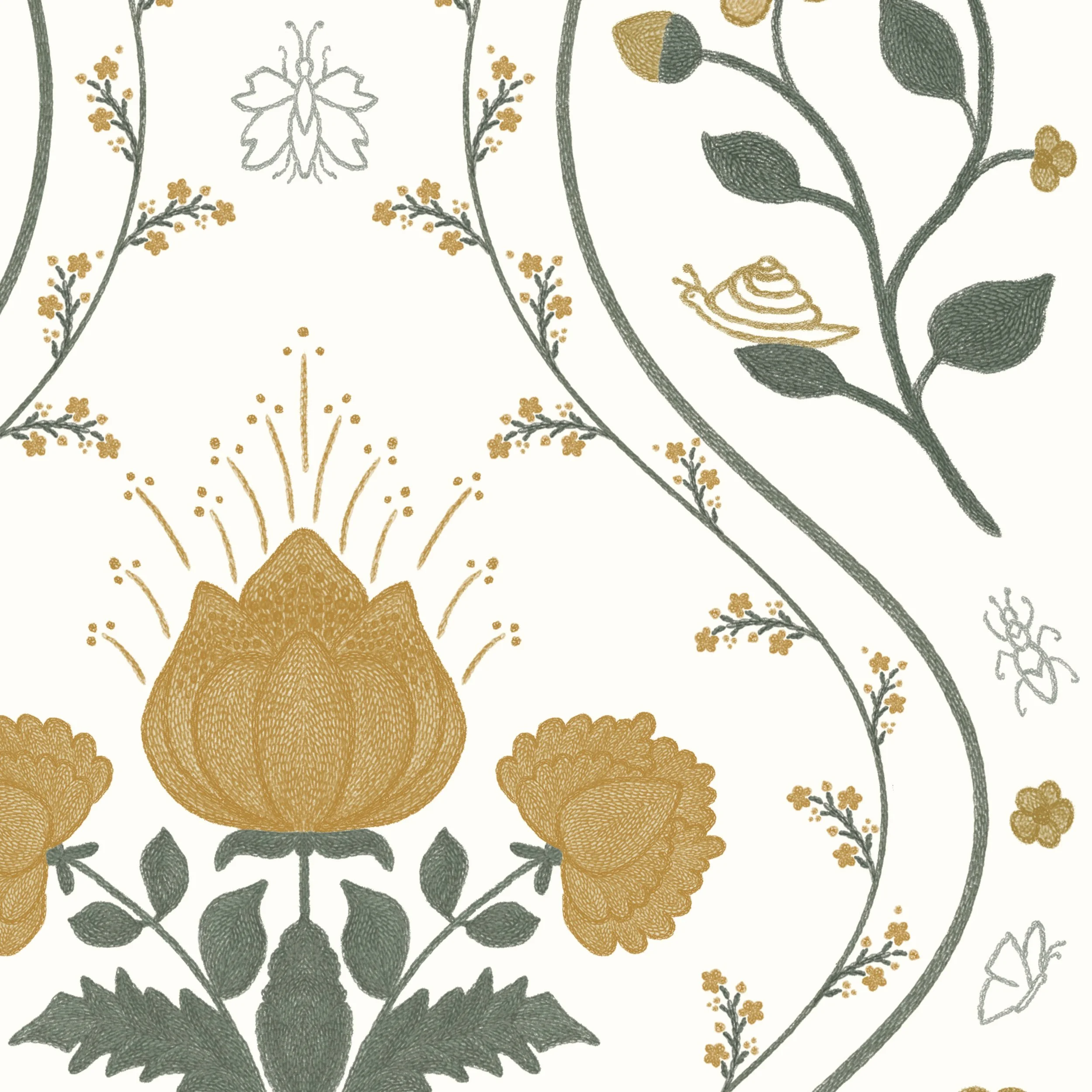 Dolly Vine in Buttermilk – Embroidered Wallpaper Pattern with Floral & Insect Motifs